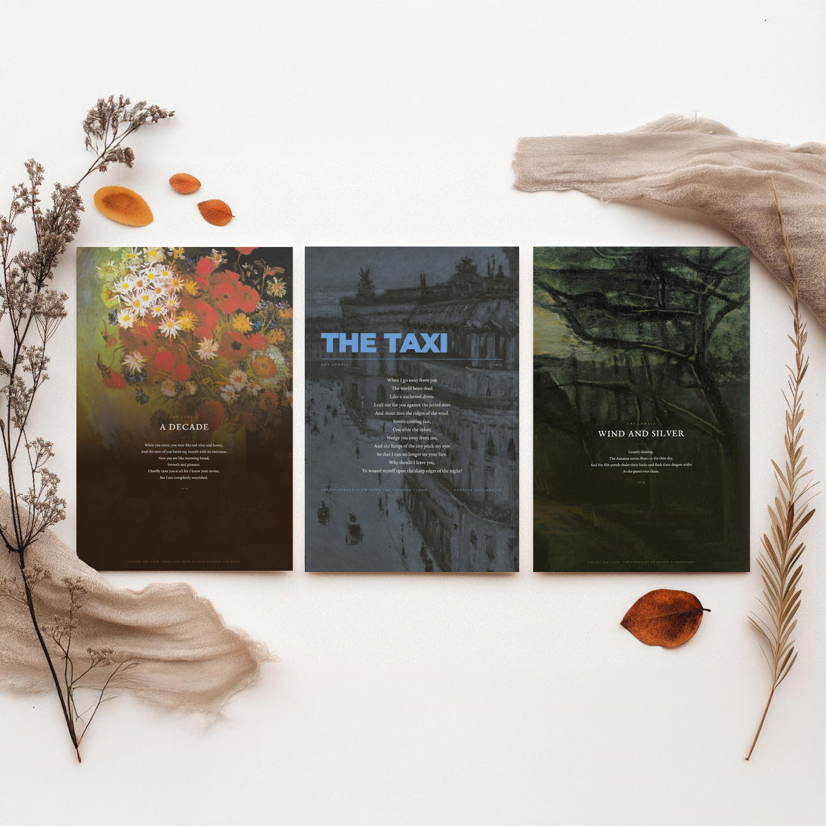 Amy Lowell Poems Set of Three Art Prints - A Decade, The Taxi, Wind and Silver - Full Poems over Van Gogh Paintings - Poetry Poster
