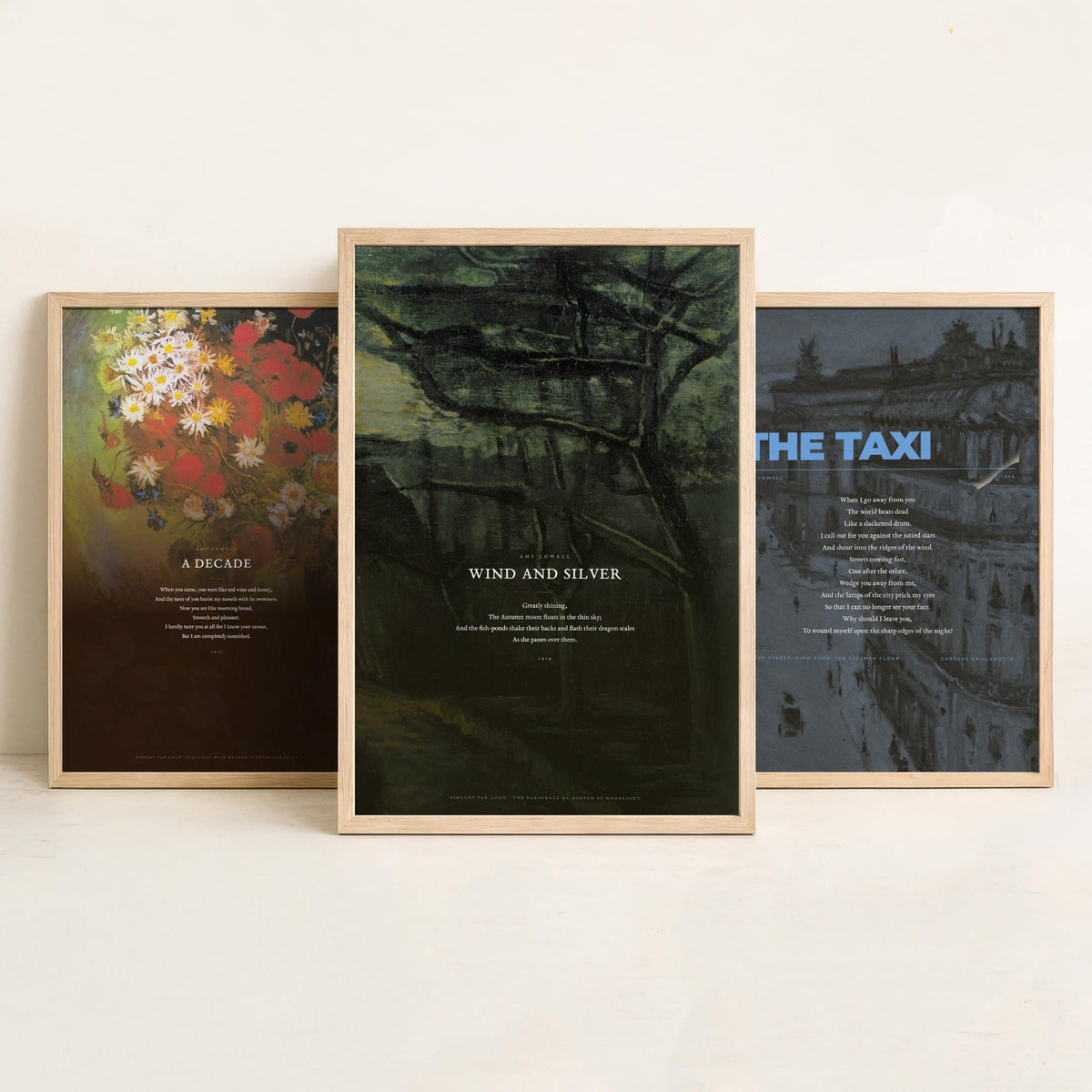 Amy Lowell Poems Set of Three Art Prints - A Decade, The Taxi, Wind and Silver - Full Poems over Van Gogh Paintings - Poetry Poster