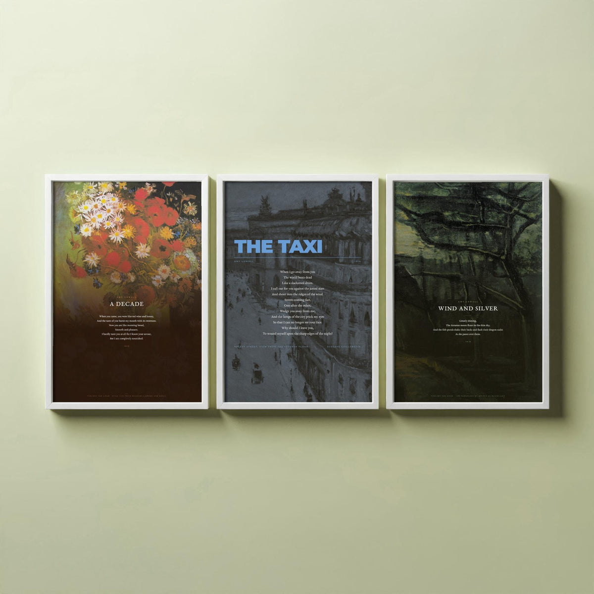 Amy Lowell Poems Set of Three Art Prints - A Decade, The Taxi, Wind and Silver - Full Poems over Van Gogh Paintings - Poetry Poster
