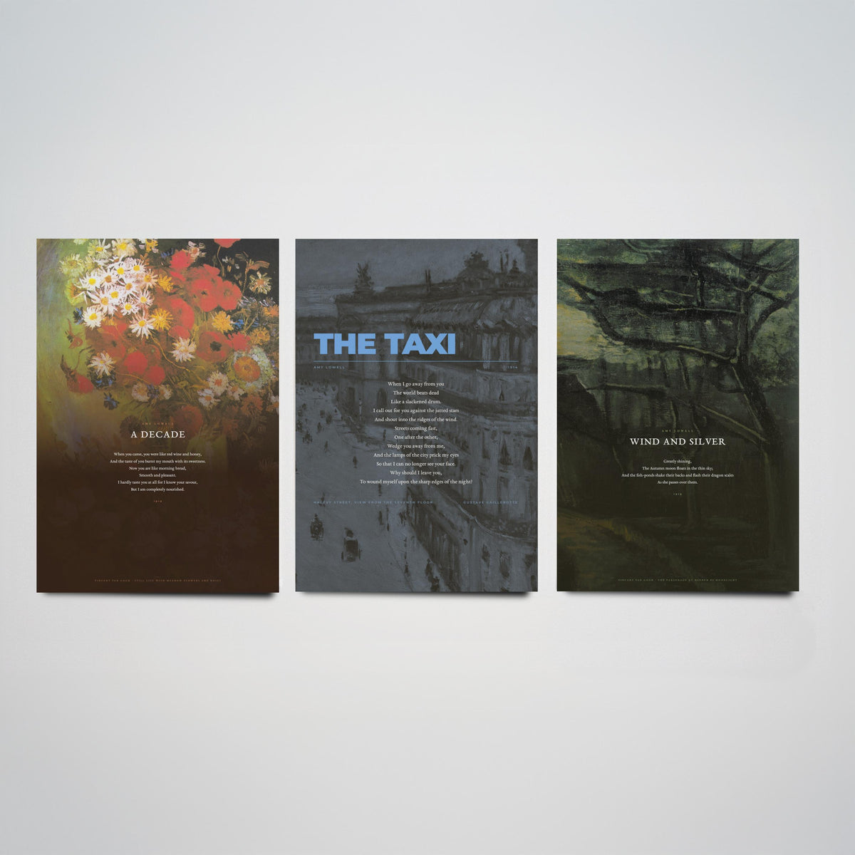 Amy Lowell Poems Set of Three Art Prints - A Decade, The Taxi, Wind and Silver - Full Poems over Van Gogh Paintings - Poetry Poster