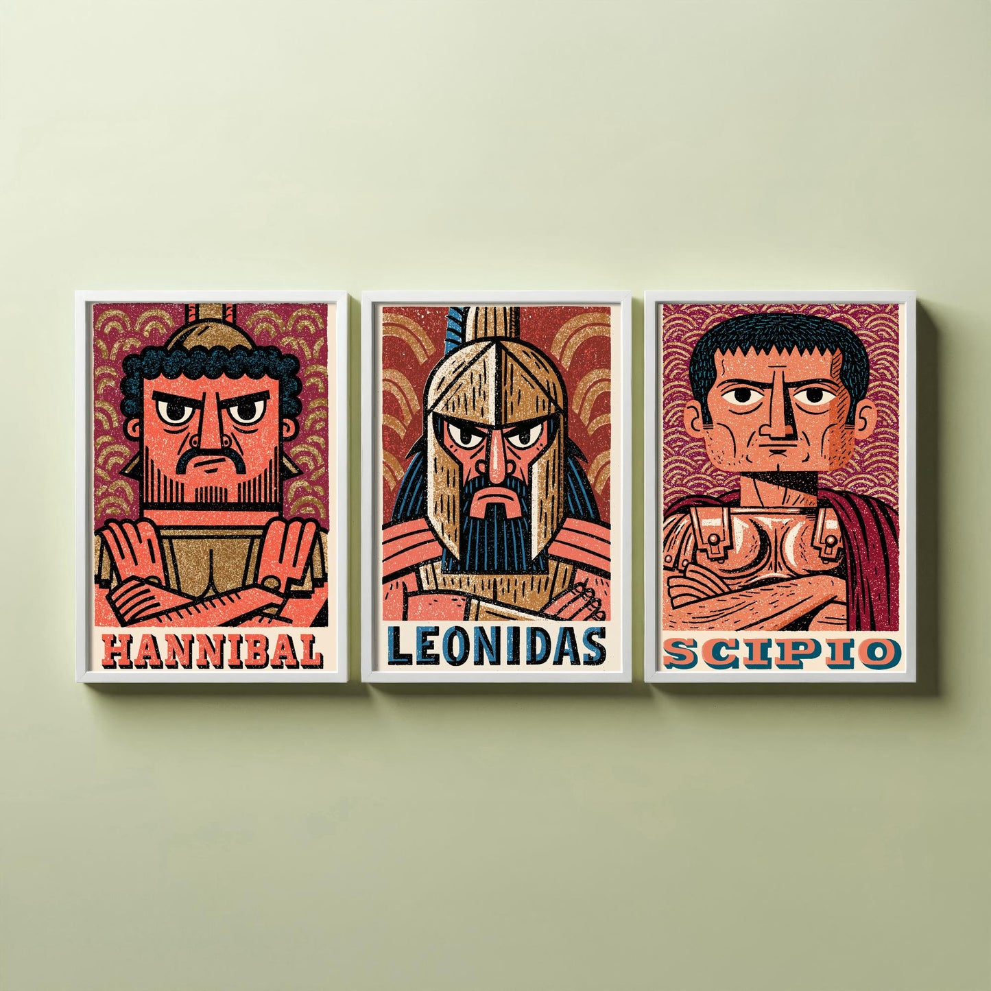 Ancient Commanders Set of Three Art Prints - Hannibal, Leonidas, Scipio - History Poster Wall Art Gift Illustration Decor