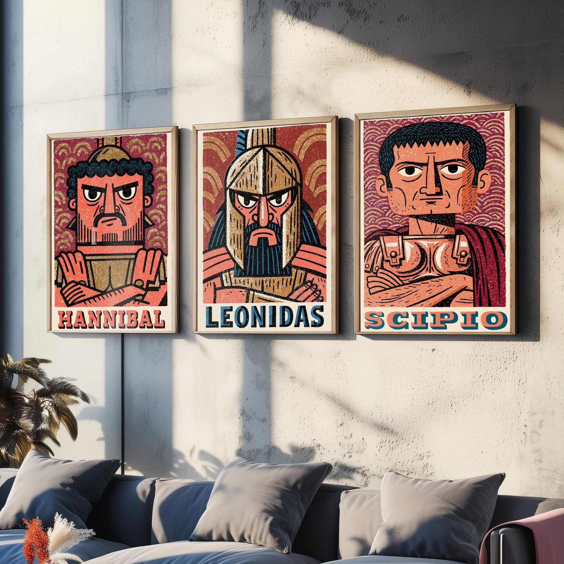 Ancient Commanders Set of Three Art Prints - Hannibal, Leonidas, Scipio - History Poster Wall Art Gift Illustration Decor