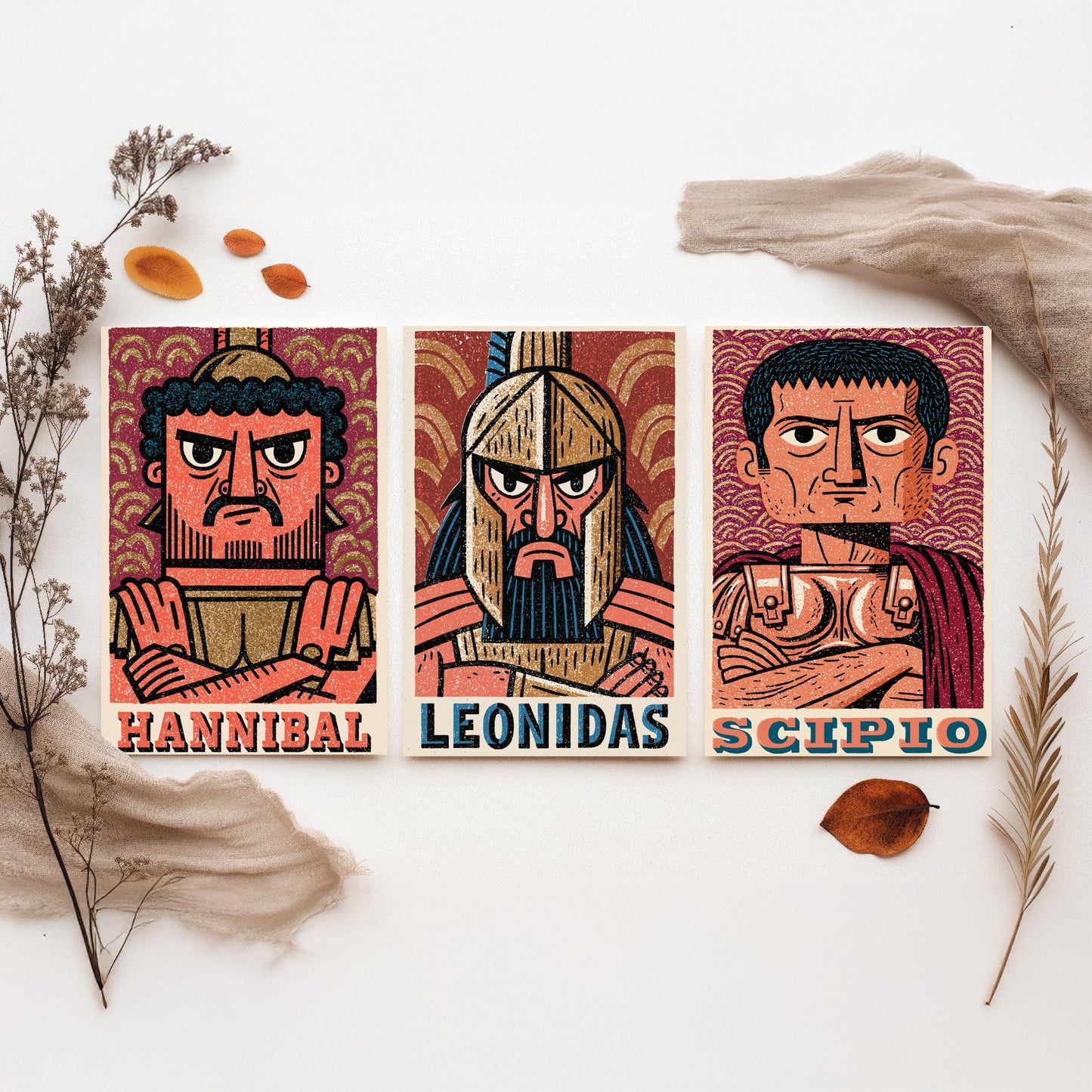 Ancient Commanders Set of Three Art Prints - Hannibal, Leonidas, Scipio - History Poster Wall Art Gift Illustration Decor