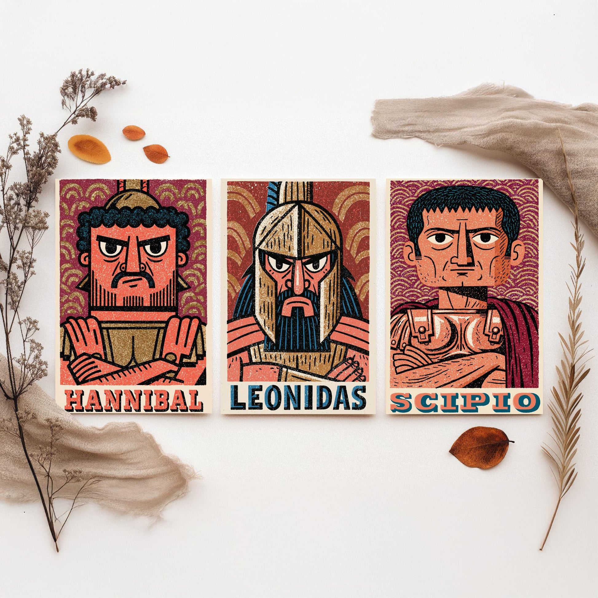 Ancient Commanders Set of Three Art Prints - Hannibal, Leonidas, Scipio - History Poster Wall Art Gift Illustration Decor