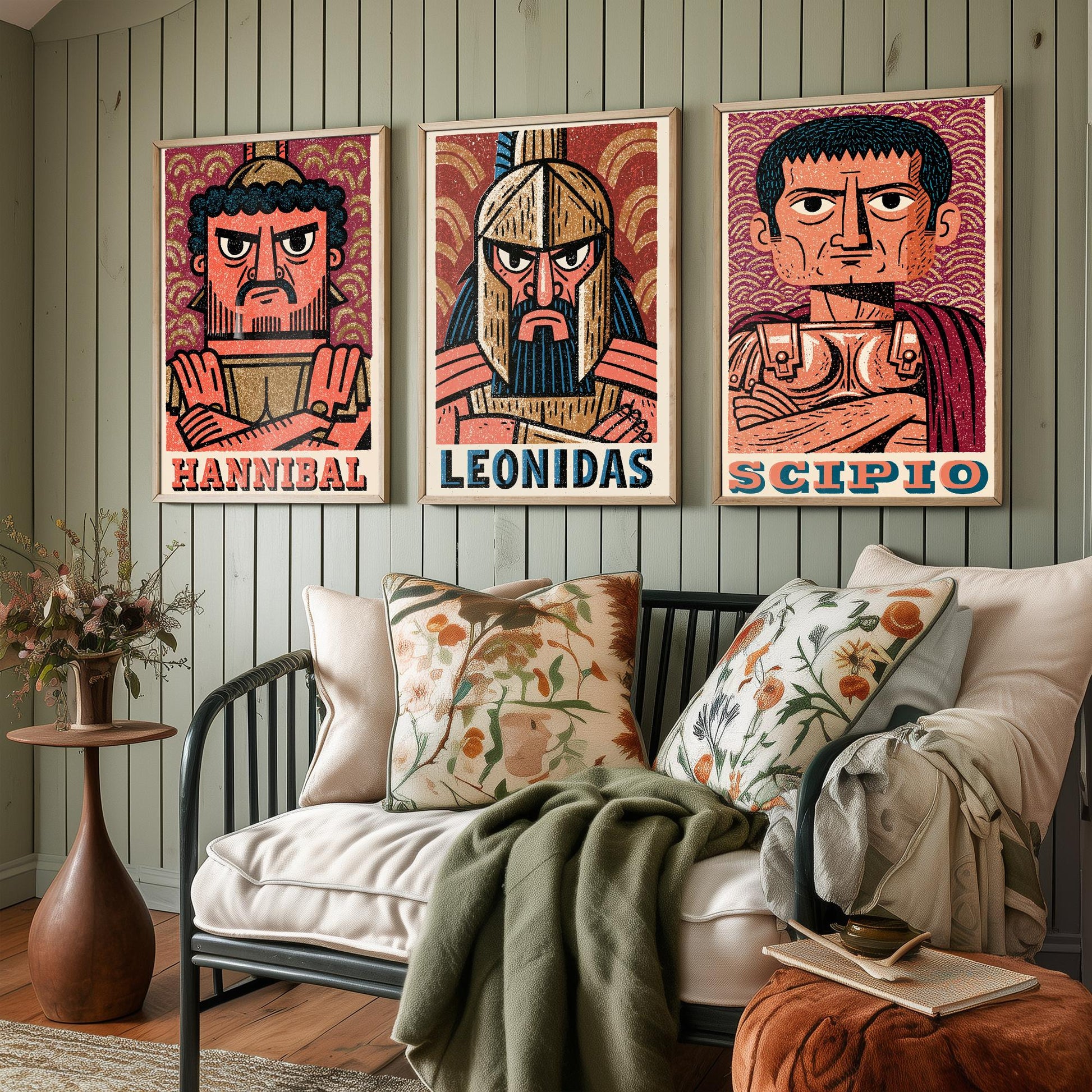 Ancient Commanders Set of Three Art Prints - Hannibal, Leonidas, Scipio - History Poster Wall Art Gift Illustration Decor