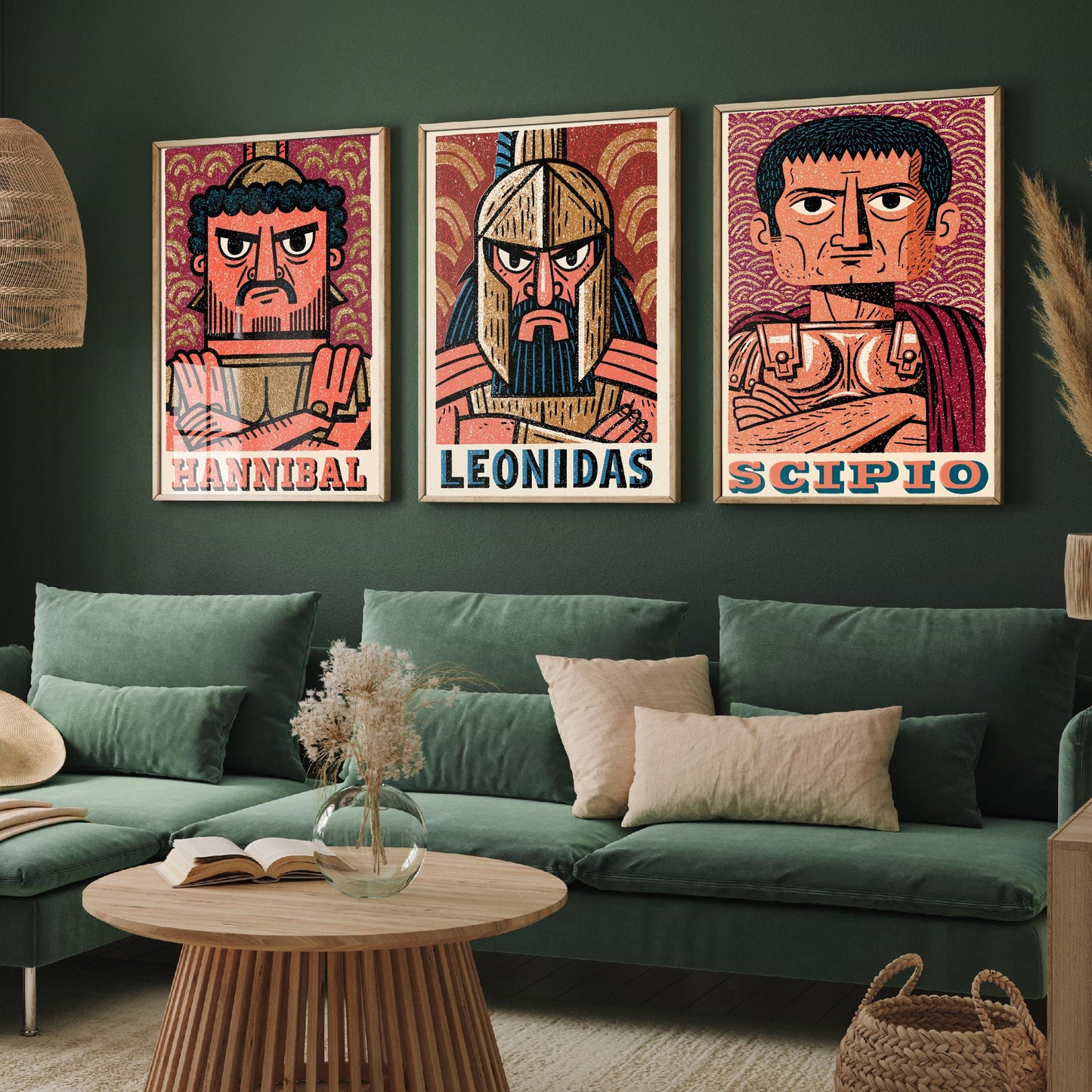 Ancient Commanders Set of Three Art Prints - Hannibal, Leonidas, Scipio - History Poster Wall Art Gift Illustration Decor