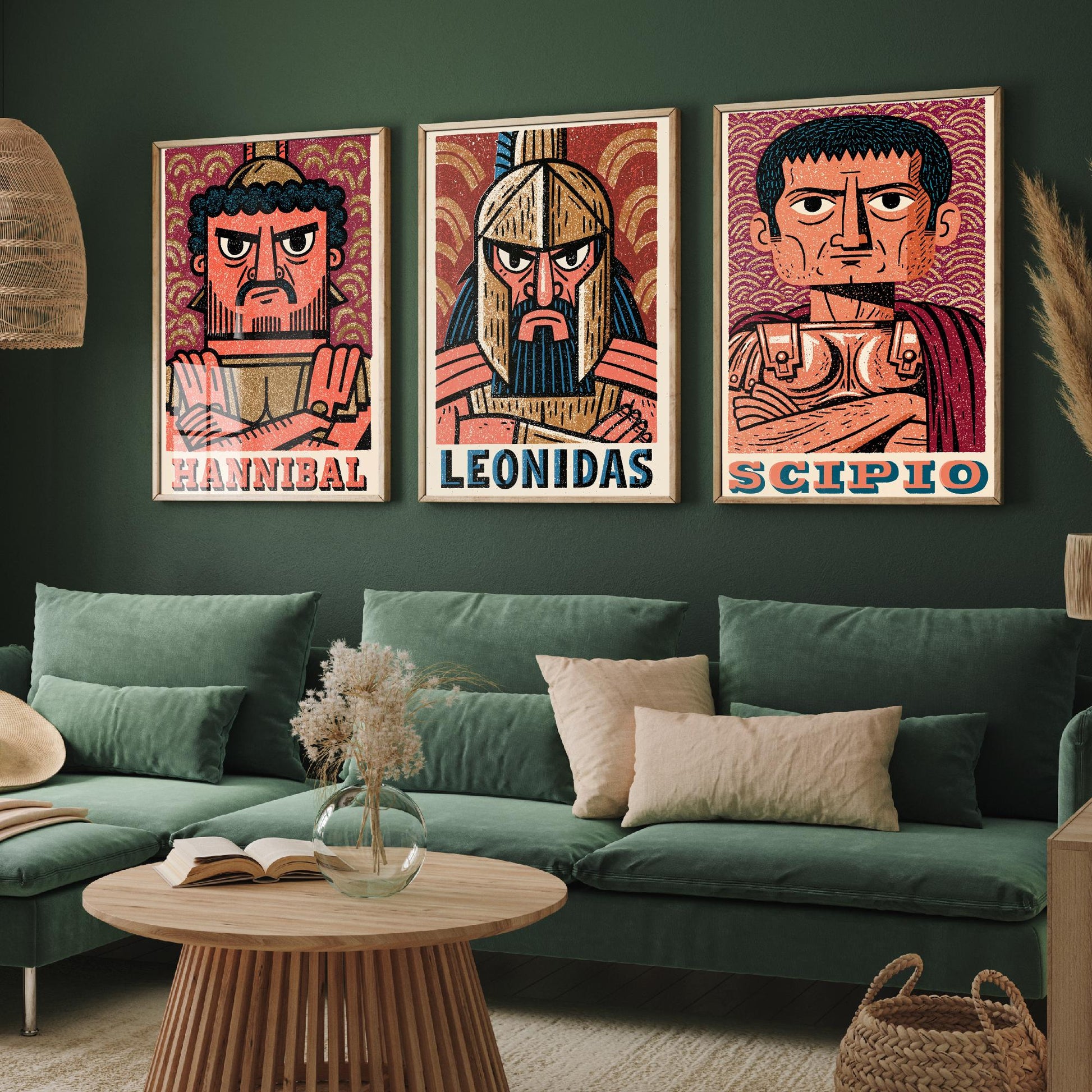 Ancient Commanders Set of Three Art Prints - Hannibal, Leonidas, Scipio - History Poster Wall Art Gift Illustration Decor