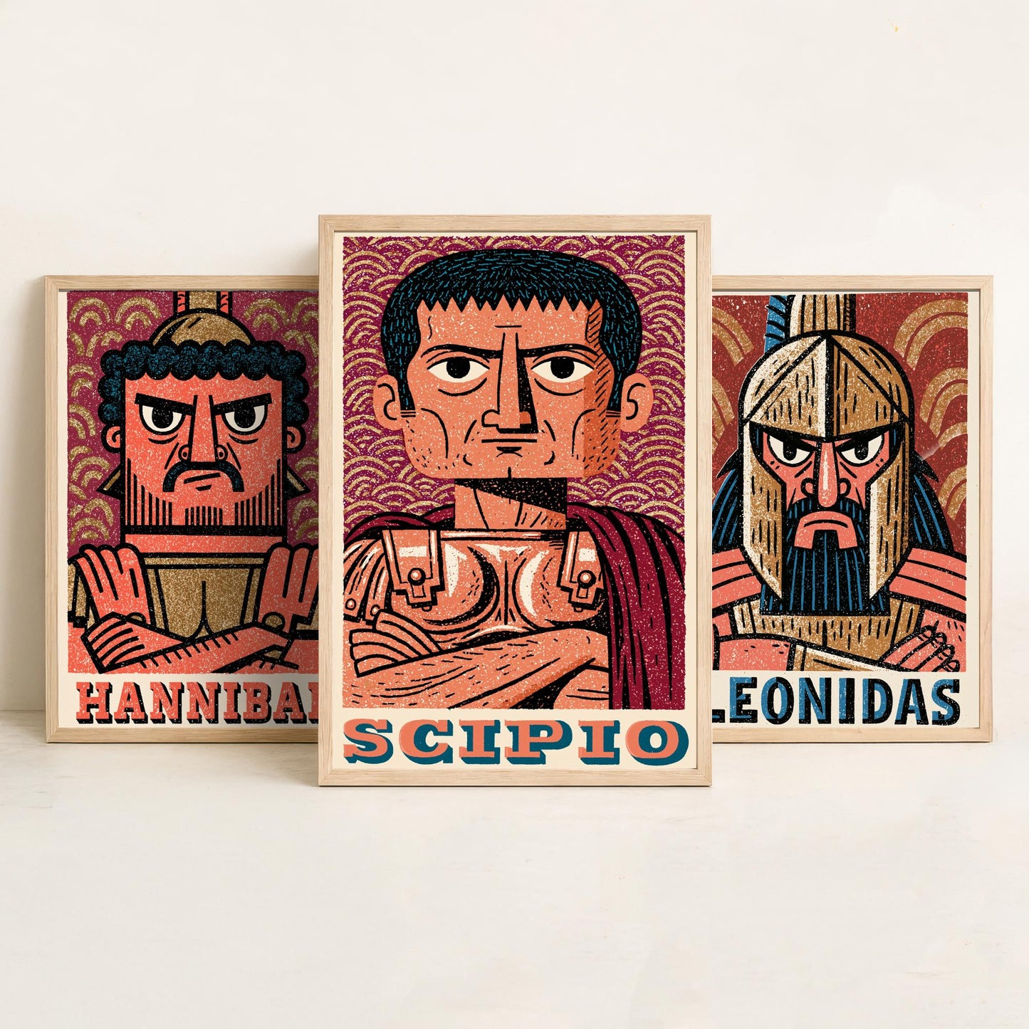 Ancient Commanders Set of Three Art Prints - Hannibal, Leonidas, Scipio - History Poster Wall Art Gift Illustration Decor