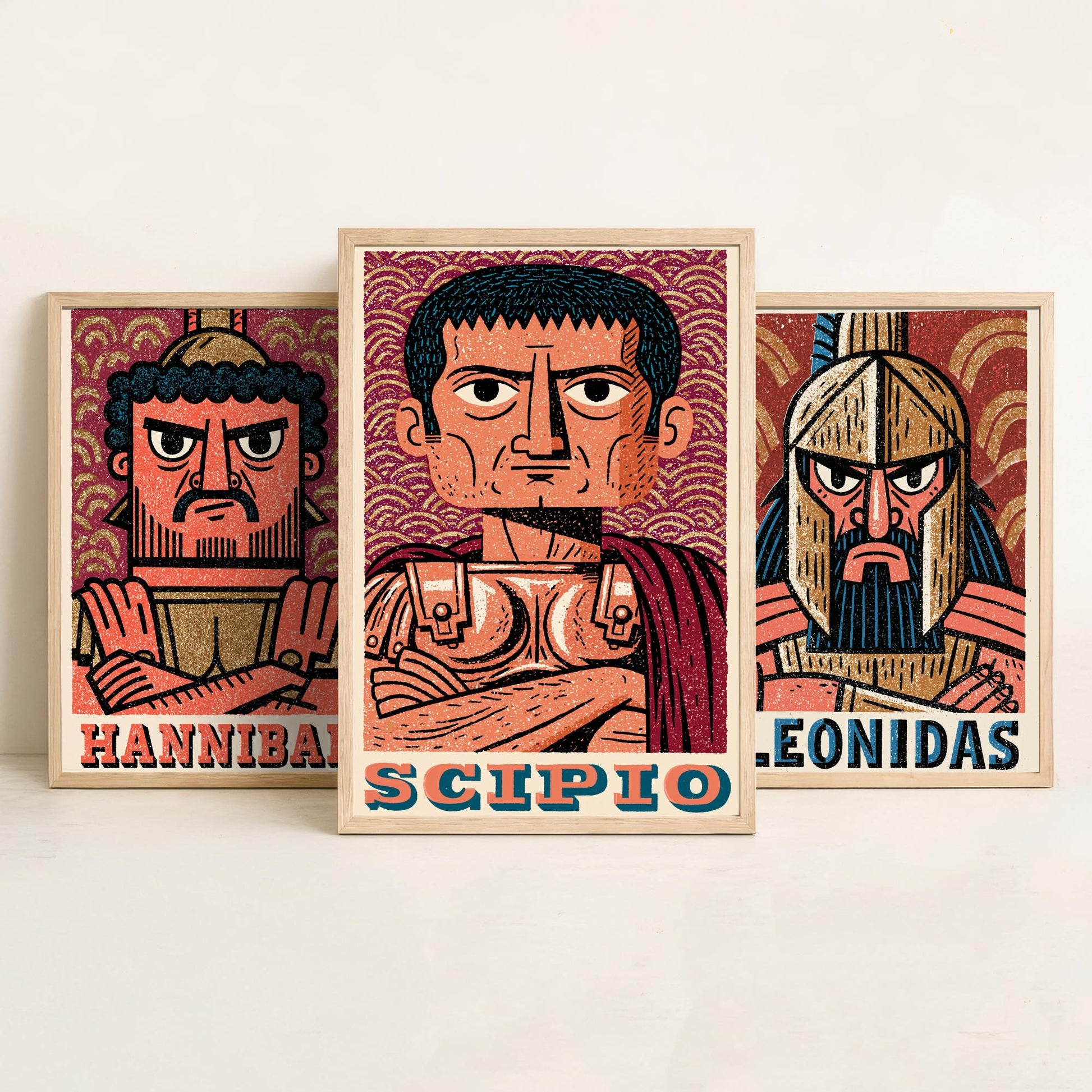 Ancient Commanders Set of Three Art Prints - Hannibal, Leonidas, Scipio - History Poster Wall Art Gift Illustration Decor