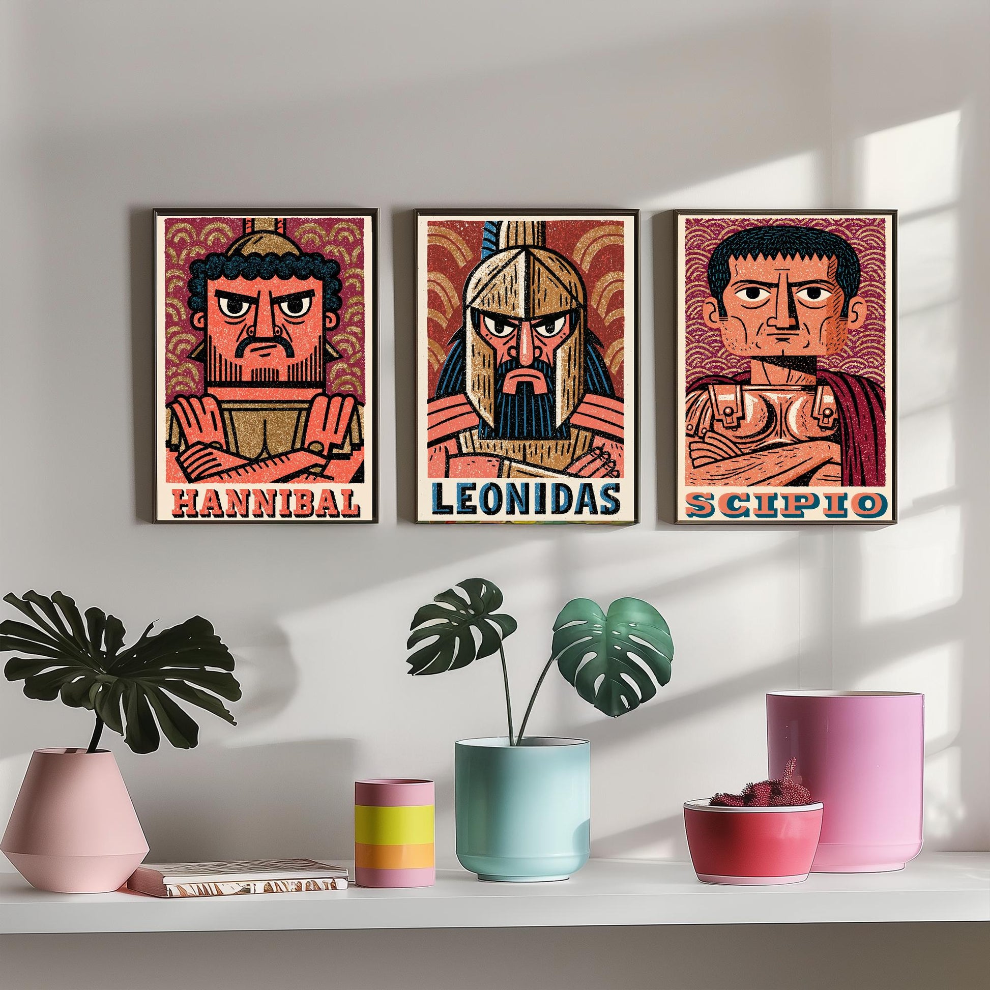 Ancient Commanders Set of Three Art Prints - Hannibal, Leonidas, Scipio - History Poster Wall Art Gift Illustration Decor