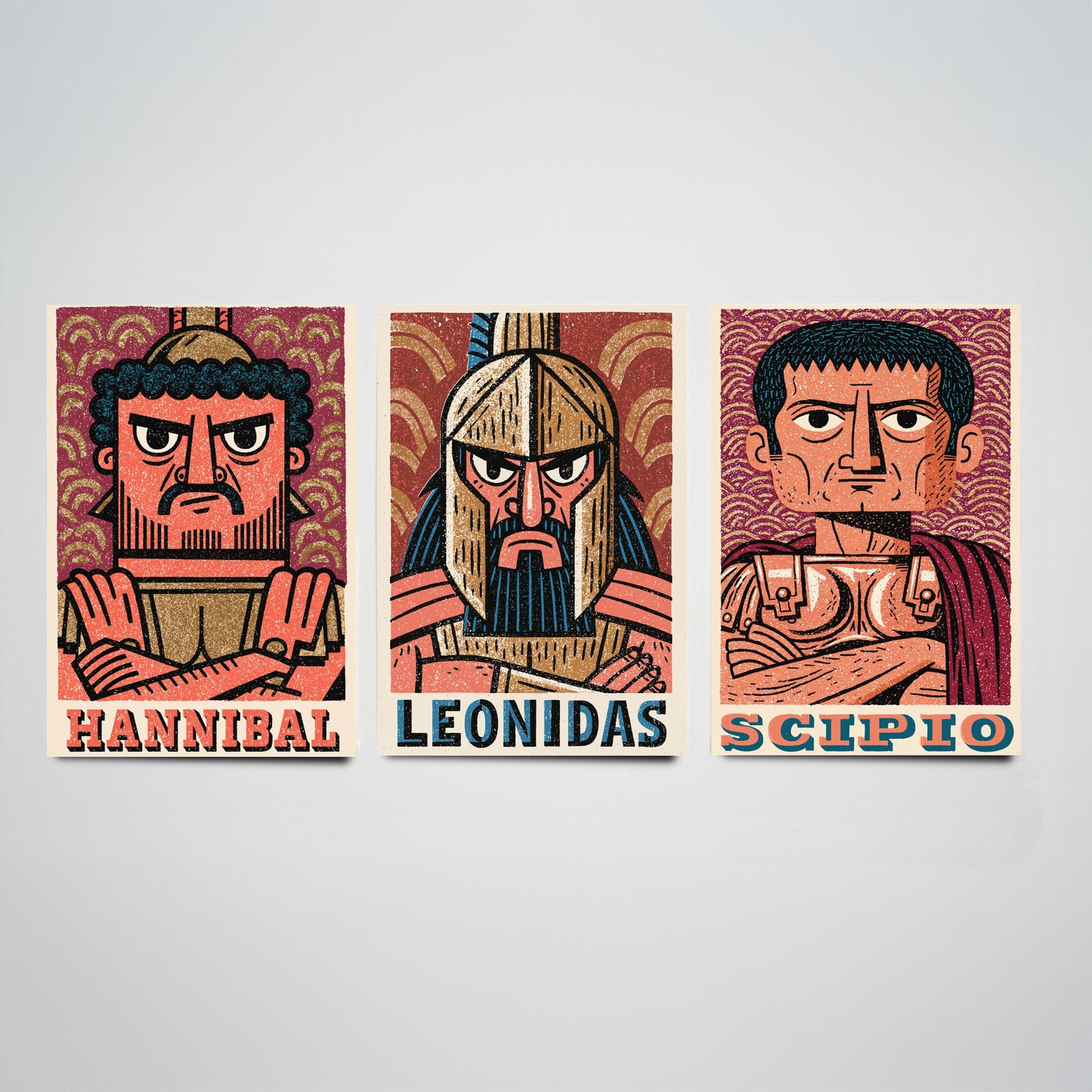 Ancient Commanders Set of Three Art Prints - Hannibal, Leonidas, Scipio - History Poster Wall Art Gift Illustration Decor