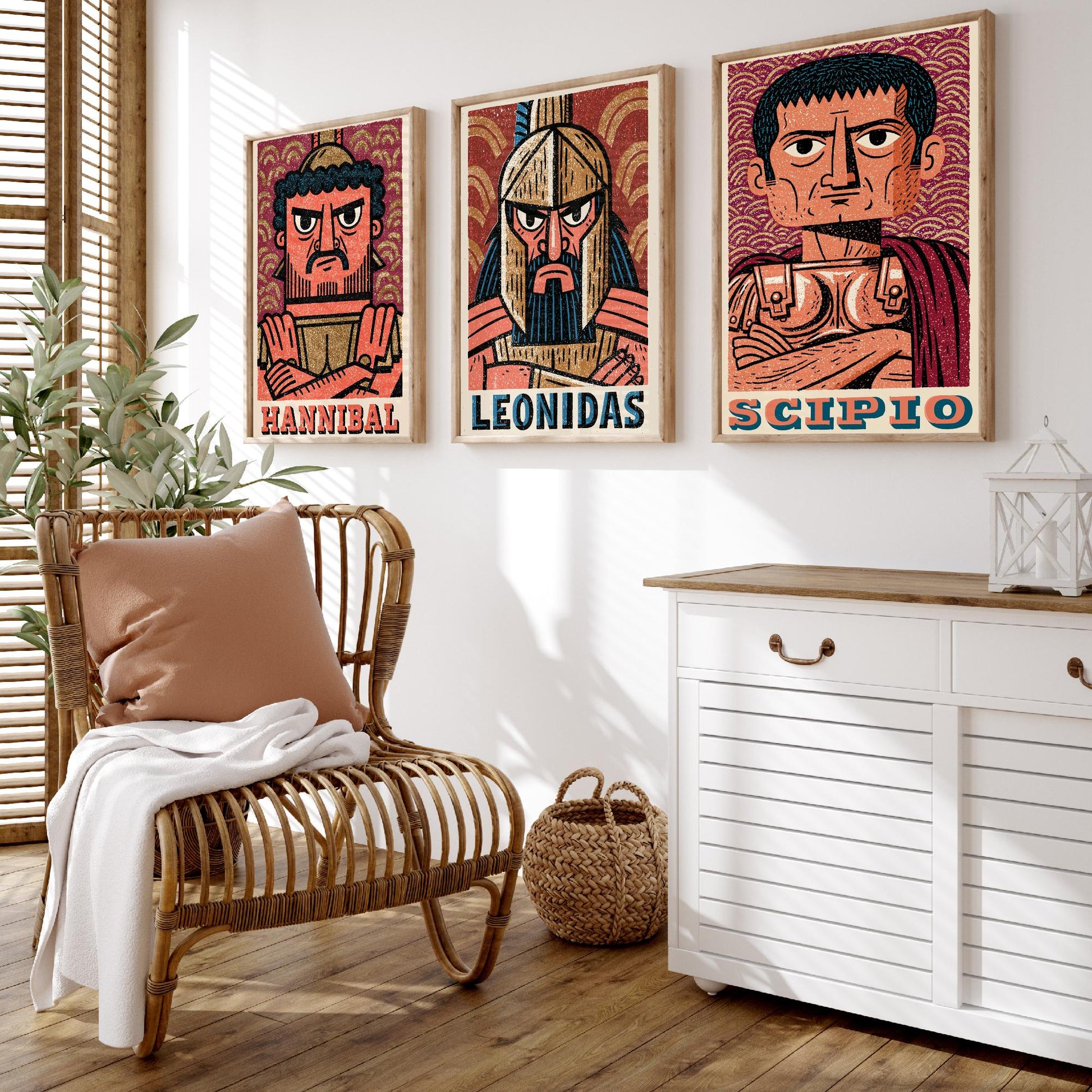 Ancient Commanders Set of Three Art Prints - Hannibal, Leonidas, Scipio - History Poster Wall Art Gift Illustration Decor
