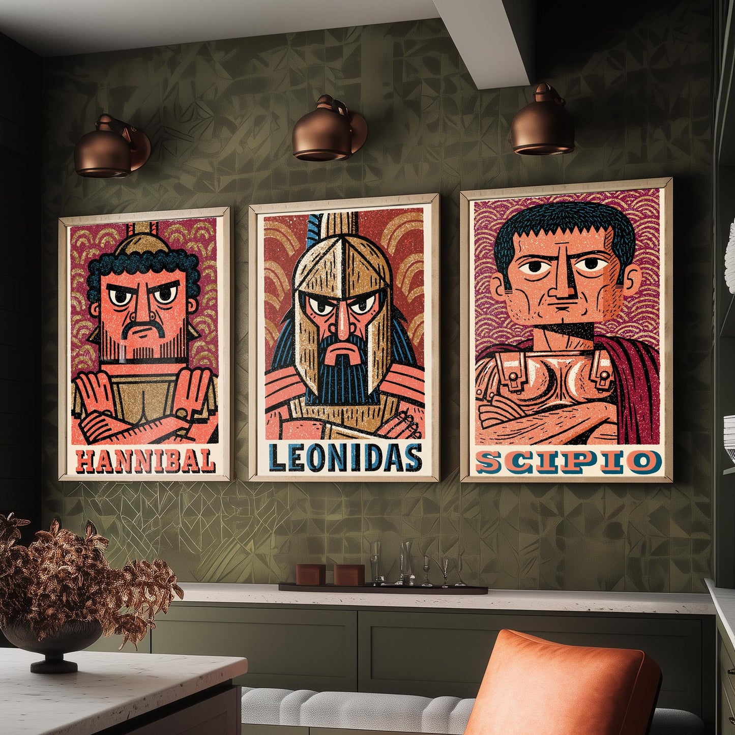 Ancient Commanders Set of Three Art Prints - Hannibal, Leonidas, Scipio - History Poster Wall Art Gift Illustration Decor