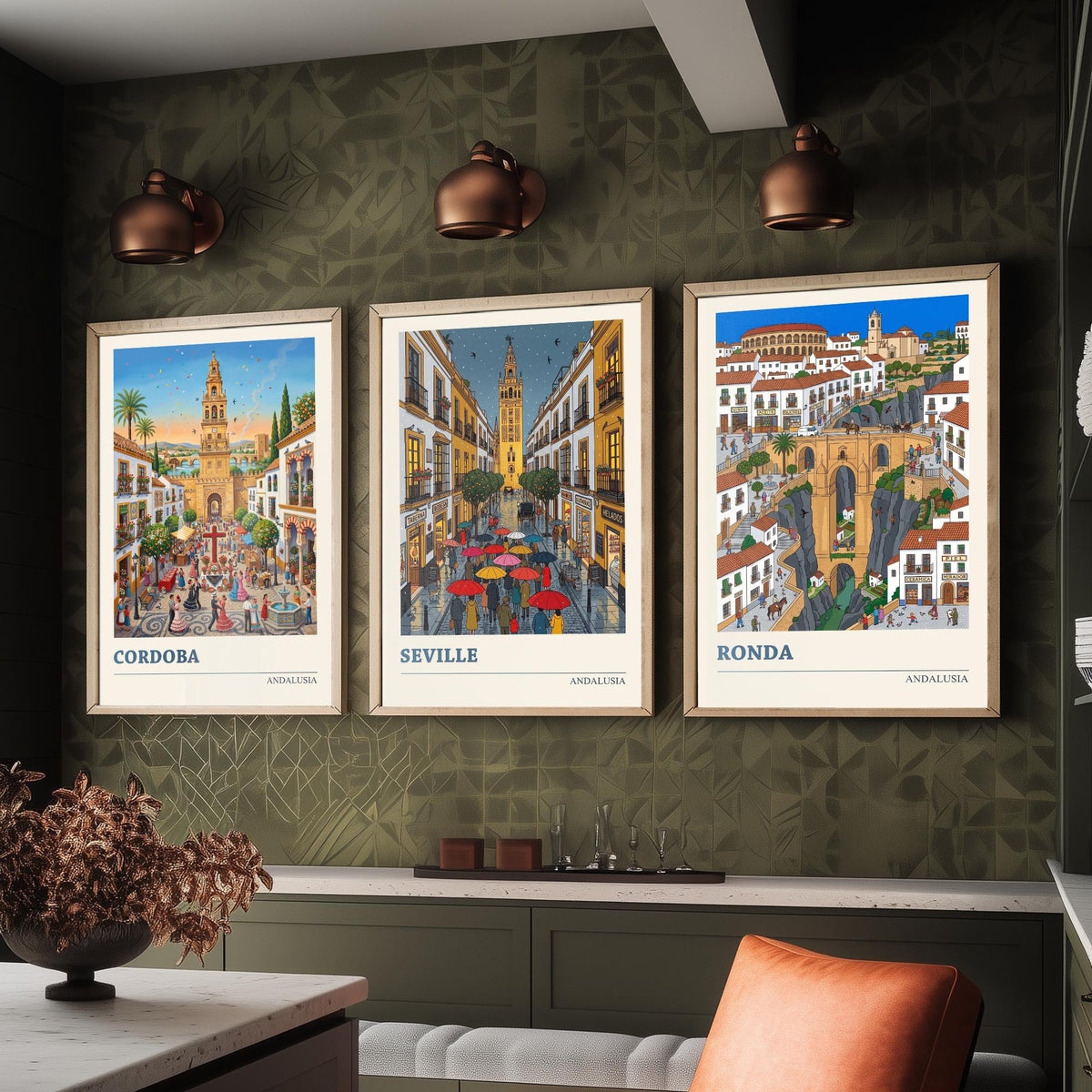Andalusia Set of Three Art Prints - Cordoba, Seville, Ronda - 3 Colourful Folk Illustration Travel Posters - Spanish Painting
