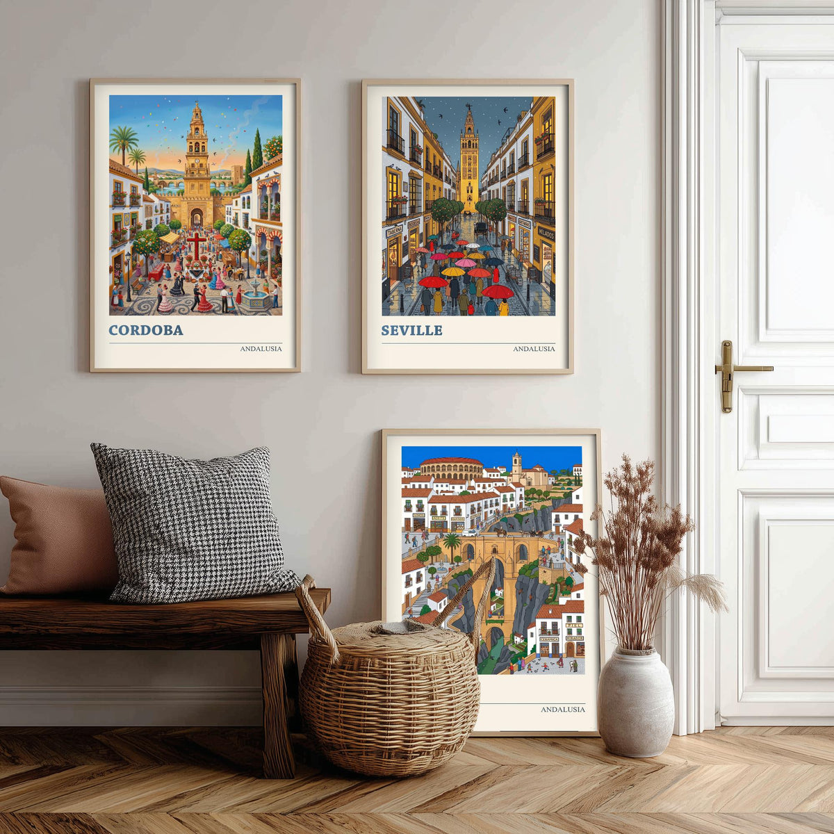 Andalusia Set of Three Art Prints - Cordoba, Seville, Ronda - 3 Colourful Folk Illustration Travel Posters - Spanish Painting