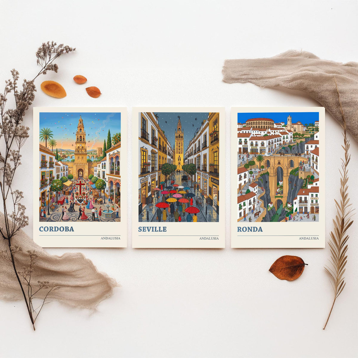 Andalusia Set of Three Art Prints - Cordoba, Seville, Ronda - 3 Colourful Folk Illustration Travel Posters - Spanish Painting