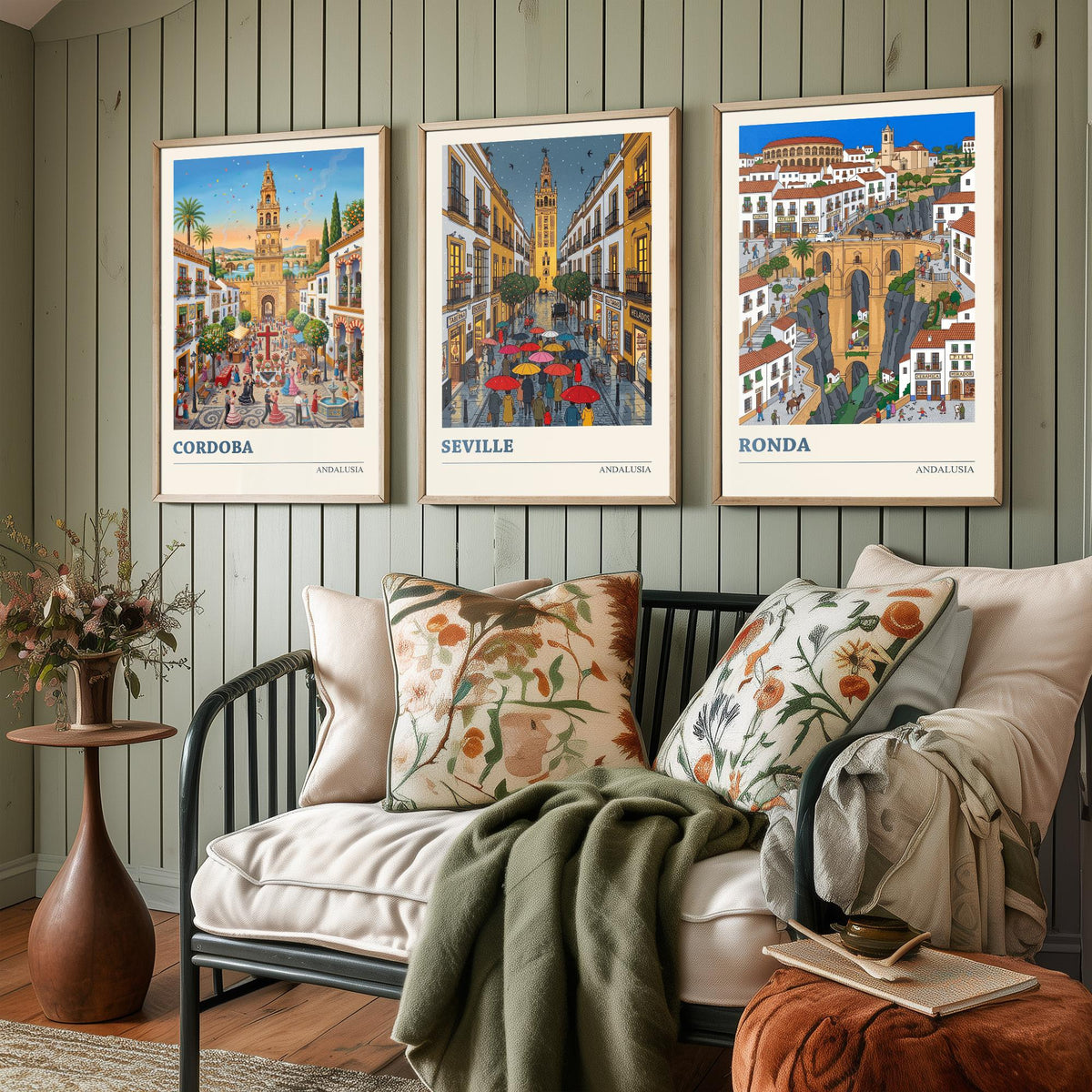 Andalusia Set of Three Art Prints - Cordoba, Seville, Ronda - 3 Colourful Folk Illustration Travel Posters - Spanish Painting