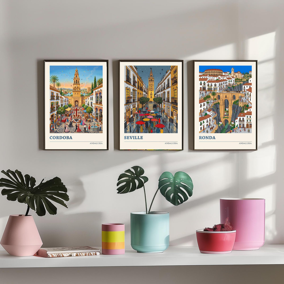 Andalusia Set of Three Art Prints - Cordoba, Seville, Ronda - 3 Colourful Folk Illustration Travel Posters - Spanish Painting