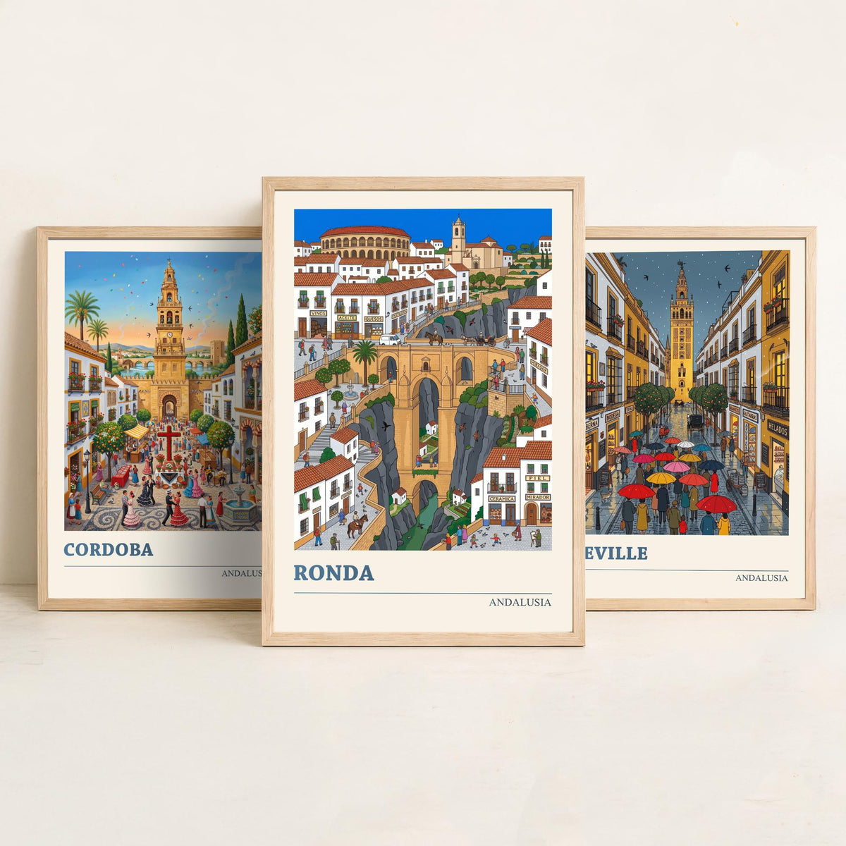 Andalusia Set of Three Art Prints - Cordoba, Seville, Ronda - 3 Colourful Folk Illustration Travel Posters - Spanish Painting