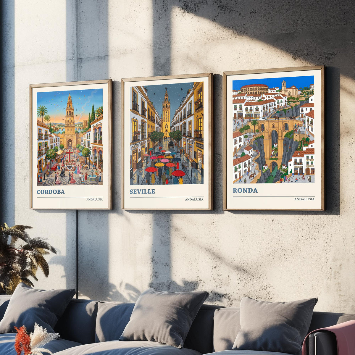 Andalusia Set of Three Art Prints - Cordoba, Seville, Ronda - 3 Colourful Folk Illustration Travel Posters - Spanish Painting
