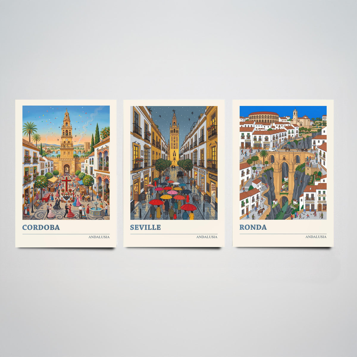 Andalusia Set of Three Art Prints - Cordoba, Seville, Ronda - 3 Colourful Folk Illustration Travel Posters - Spanish Painting