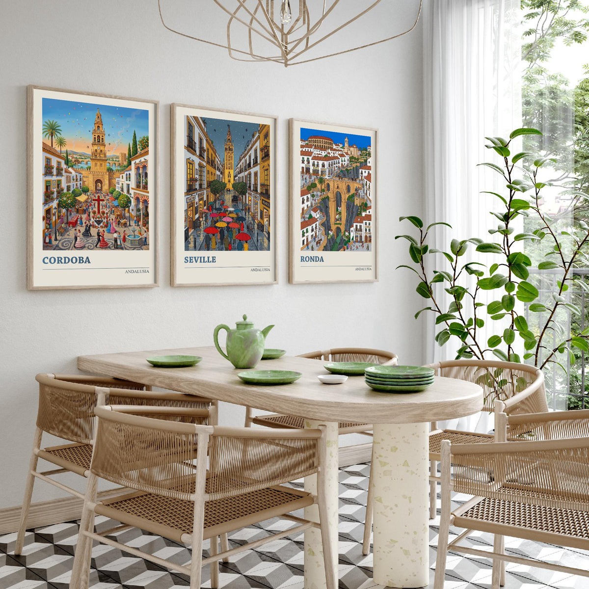 Andalusia Set of Three Art Prints - Cordoba, Seville, Ronda - 3 Colourful Folk Illustration Travel Posters - Spanish Painting