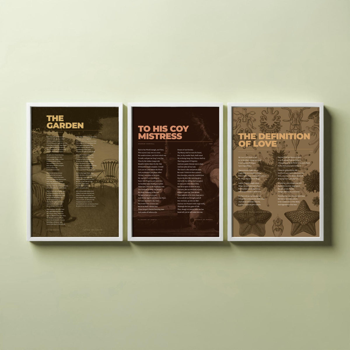 Andrew Marvell Set of Three Art Prints - To His Coy Mistress, The Garden, Definition of Love - Full Poems over Painting and Plate - Poster