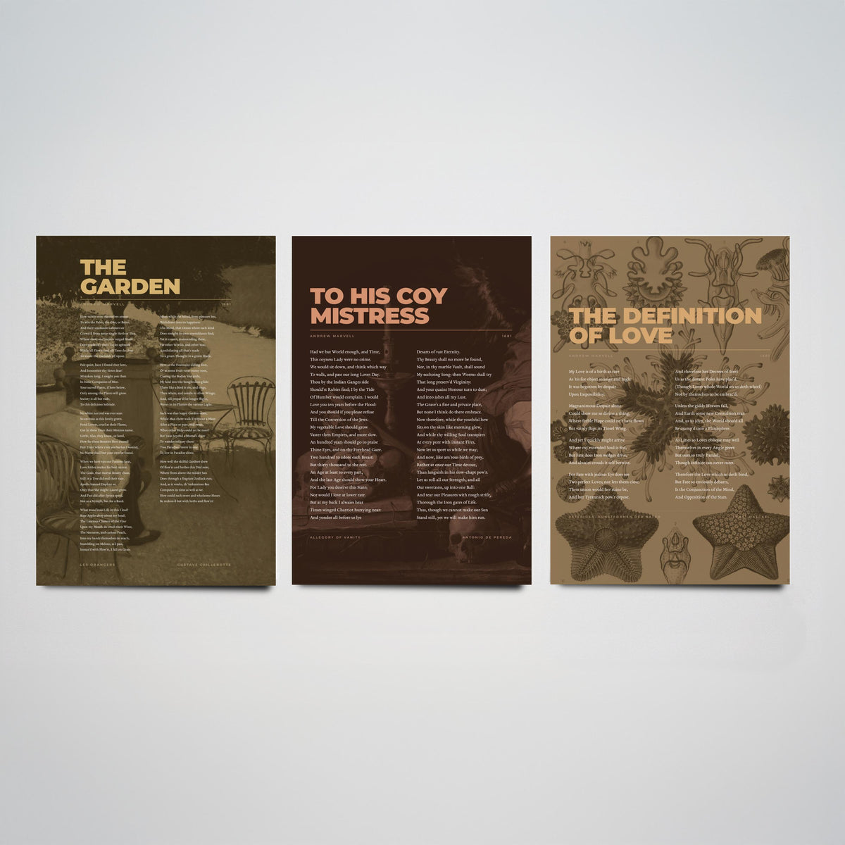 Andrew Marvell Set of Three Art Prints - To His Coy Mistress, The Garden, Definition of Love - Full Poems over Painting and Plate - Poster