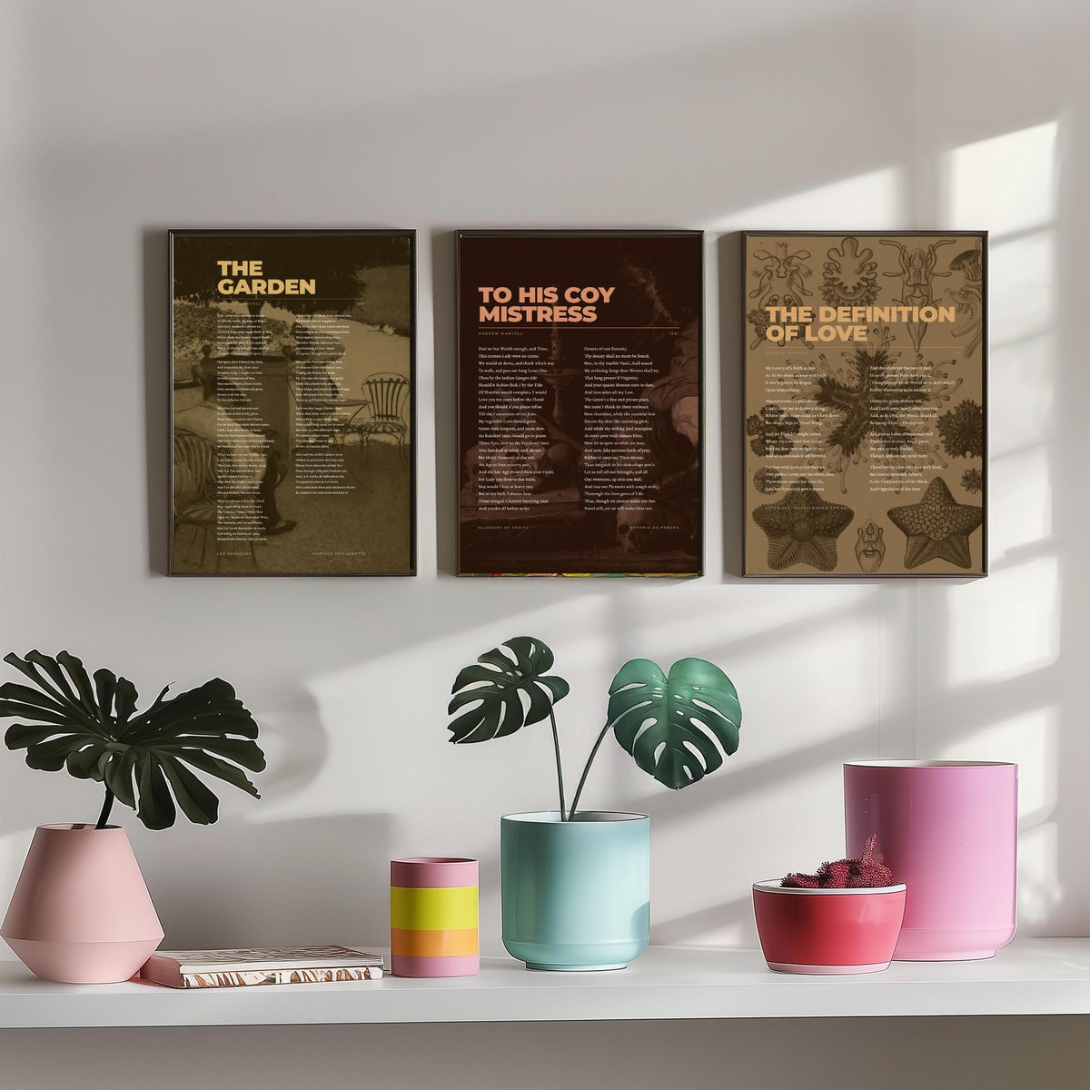 Andrew Marvell Set of Three Art Prints - To His Coy Mistress, The Garden, Definition of Love - Full Poems over Painting and Plate - Poster
