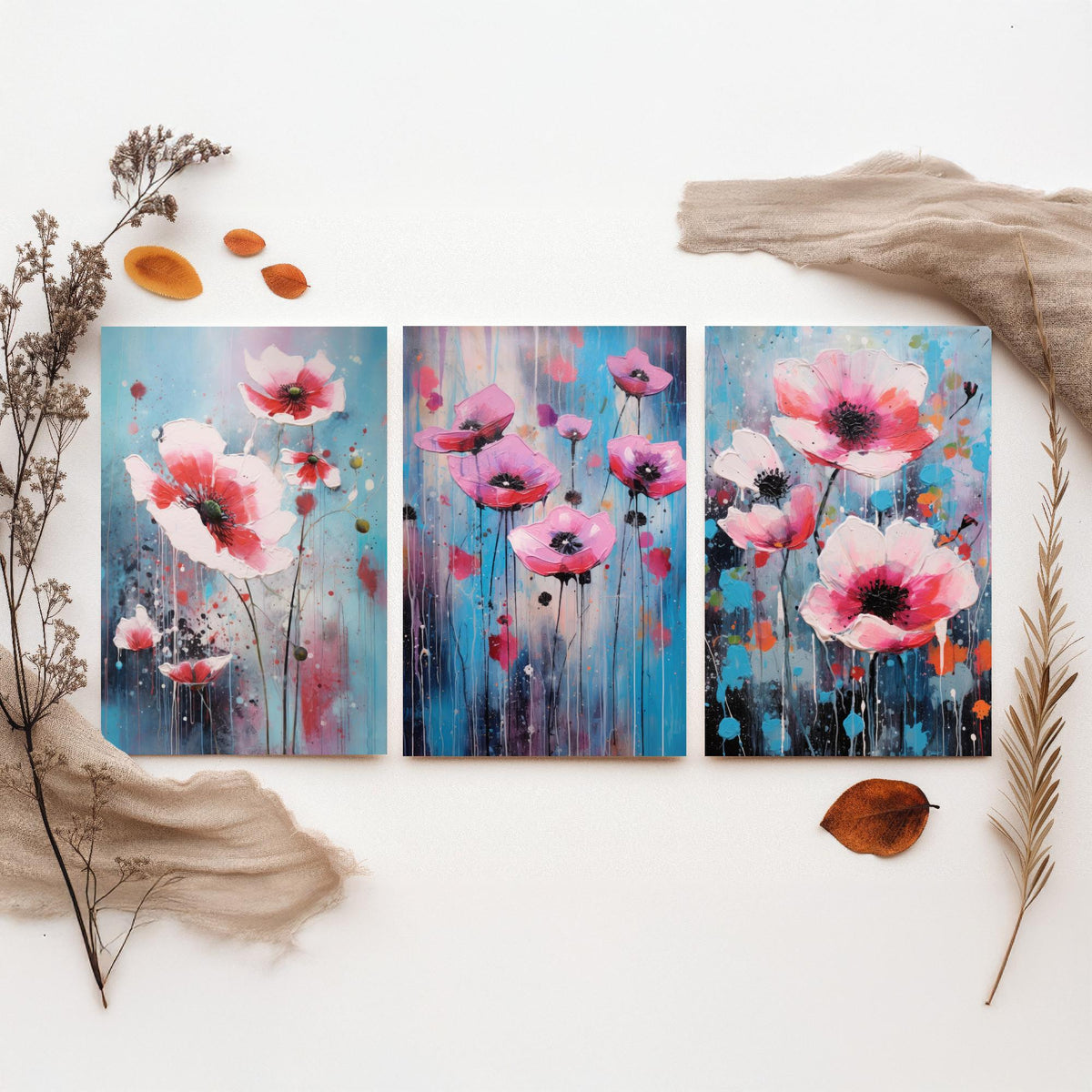 Anemones Set of Three Art Prints - Pink Flowers in Bold Colourful Brush Strokes - Abstract Floral Painting Poster