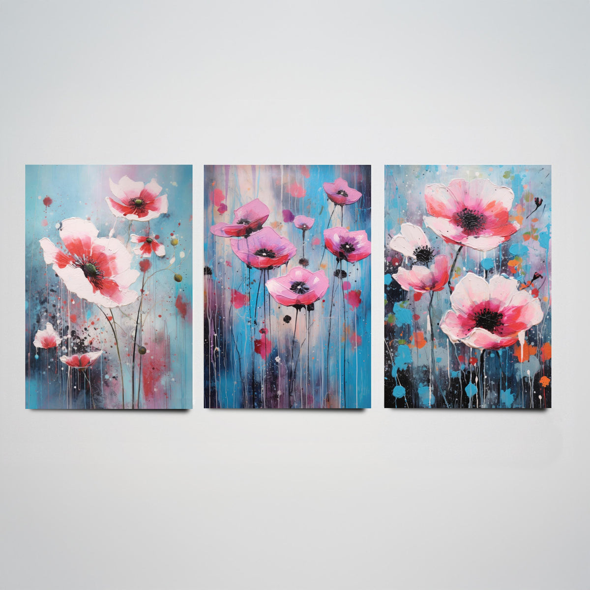Anemones Set of Three Art Prints - Pink Flowers in Bold Colourful Brush Strokes - Abstract Floral Painting Poster