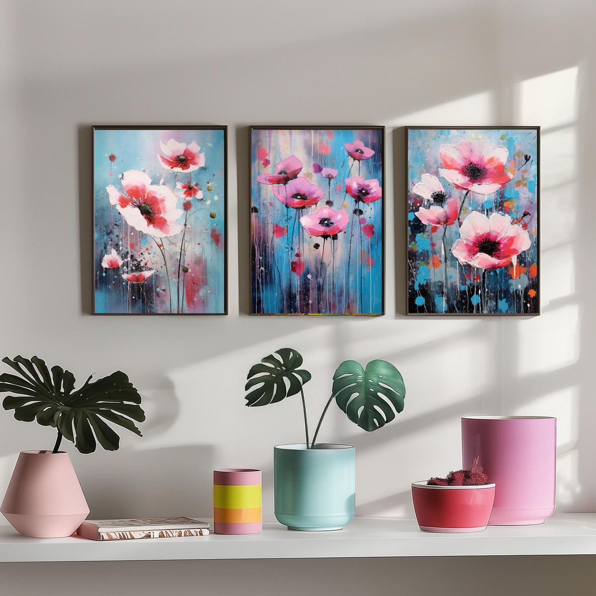 Anemones Set of Three Art Prints - Pink Flowers in Bold Colourful Brush Strokes - Abstract Floral Painting Poster
