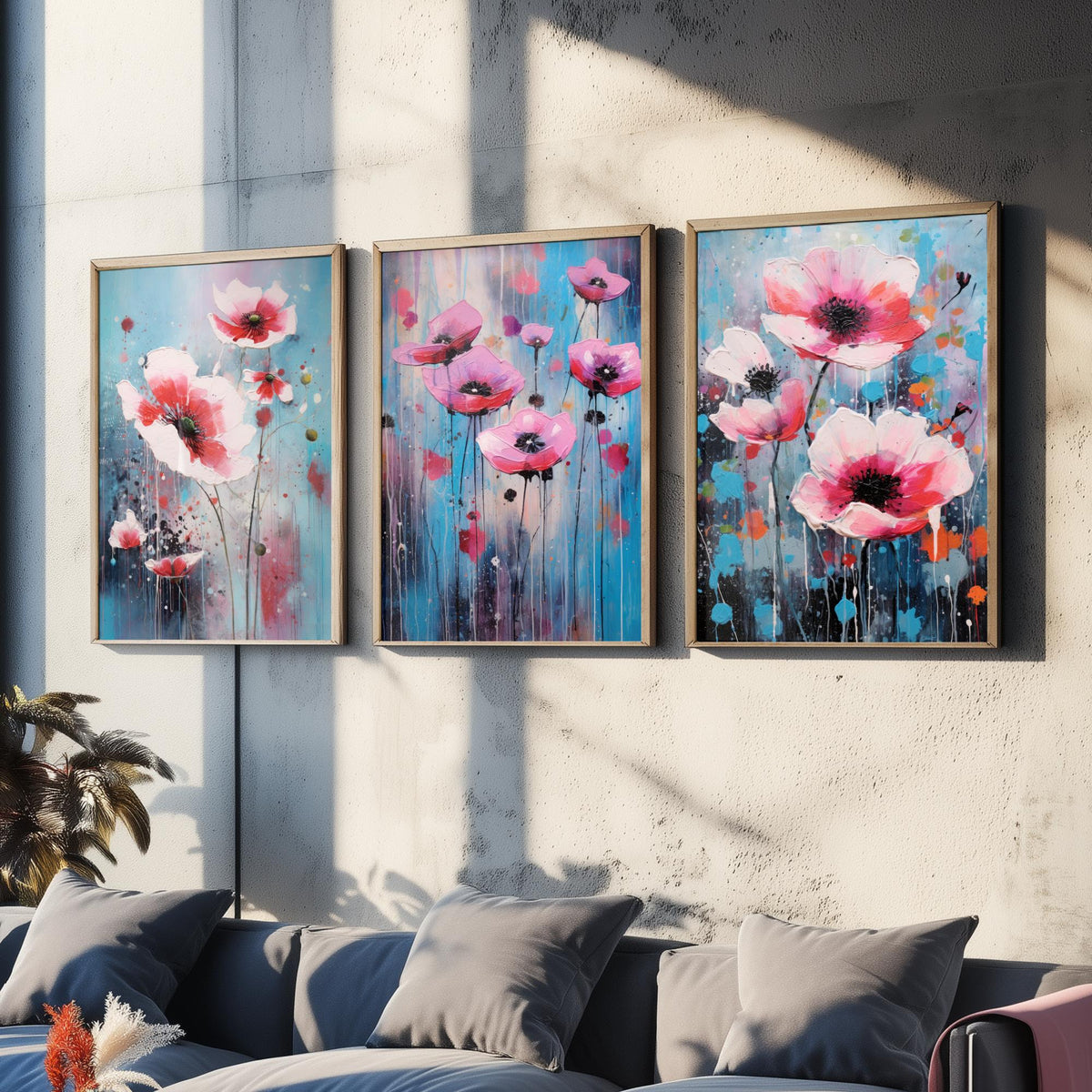 Anemones Set of Three Art Prints - Pink Flowers in Bold Colourful Brush Strokes - Abstract Floral Painting Poster