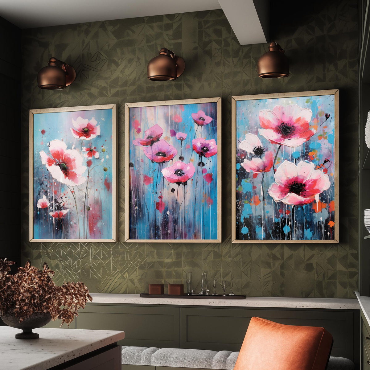 Anemones Set of Three Art Prints - Pink Flowers in Bold Colourful Brush Strokes - Abstract Floral Painting Poster