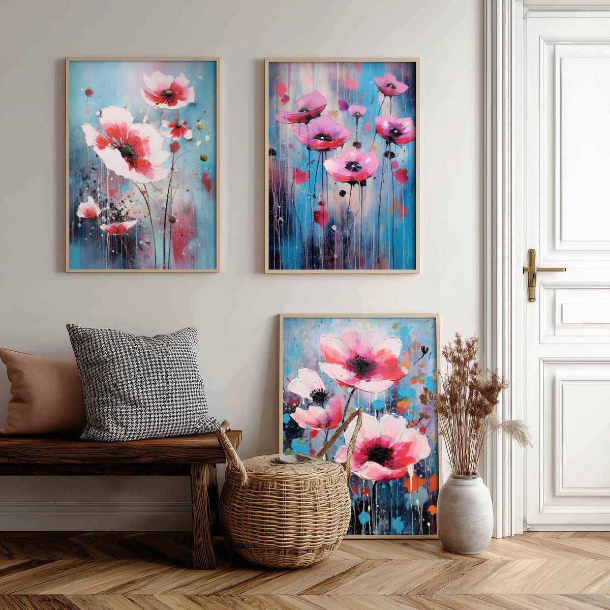 Anemones Set of Three Art Prints - Pink Flowers in Bold Colourful Brush Strokes - Abstract Floral Painting Poster