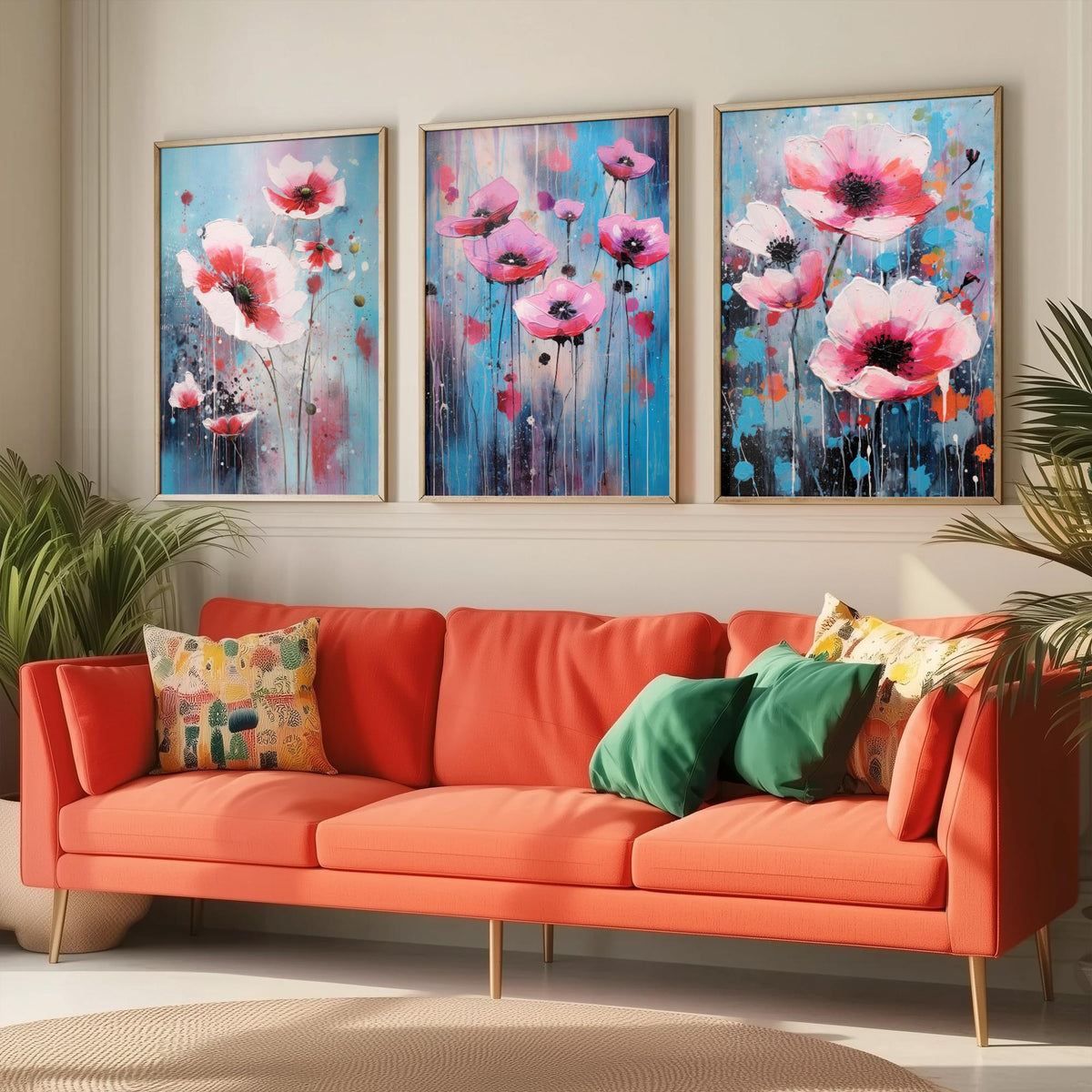 Anemones Set of Three Art Prints - Pink Flowers in Bold Colourful Brush Strokes - Abstract Floral Painting Poster