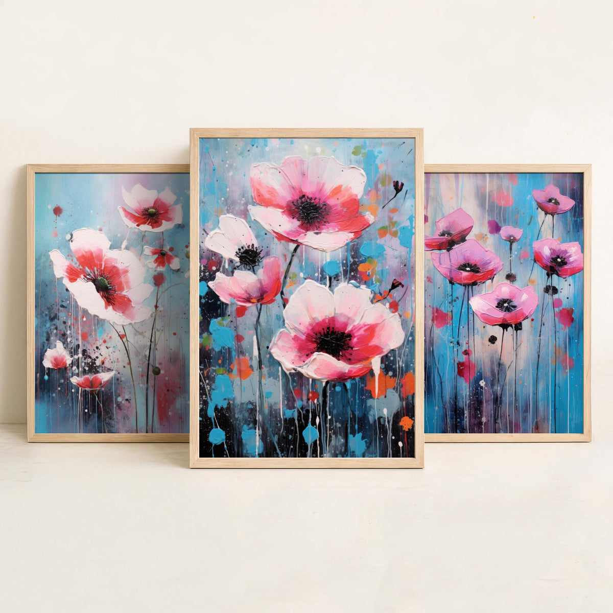 Anemones Set of Three Art Prints - Pink Flowers in Bold Colourful Brush Strokes - Abstract Floral Painting Poster