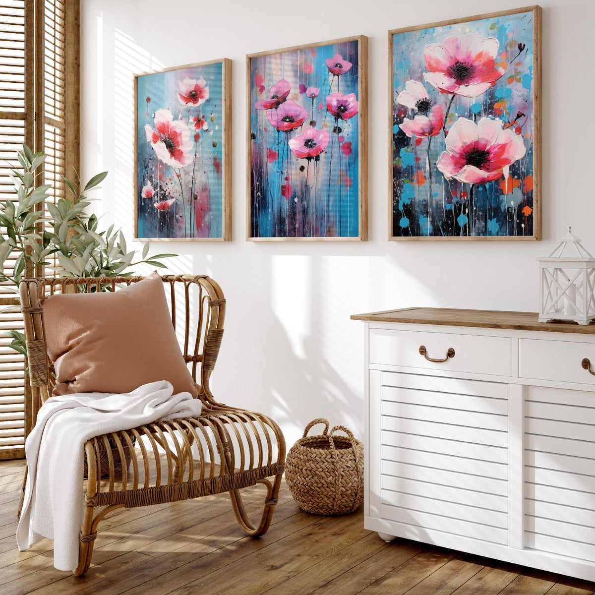 Anemones Set of Three Art Prints - Pink Flowers in Bold Colourful Brush Strokes - Abstract Floral Painting Poster