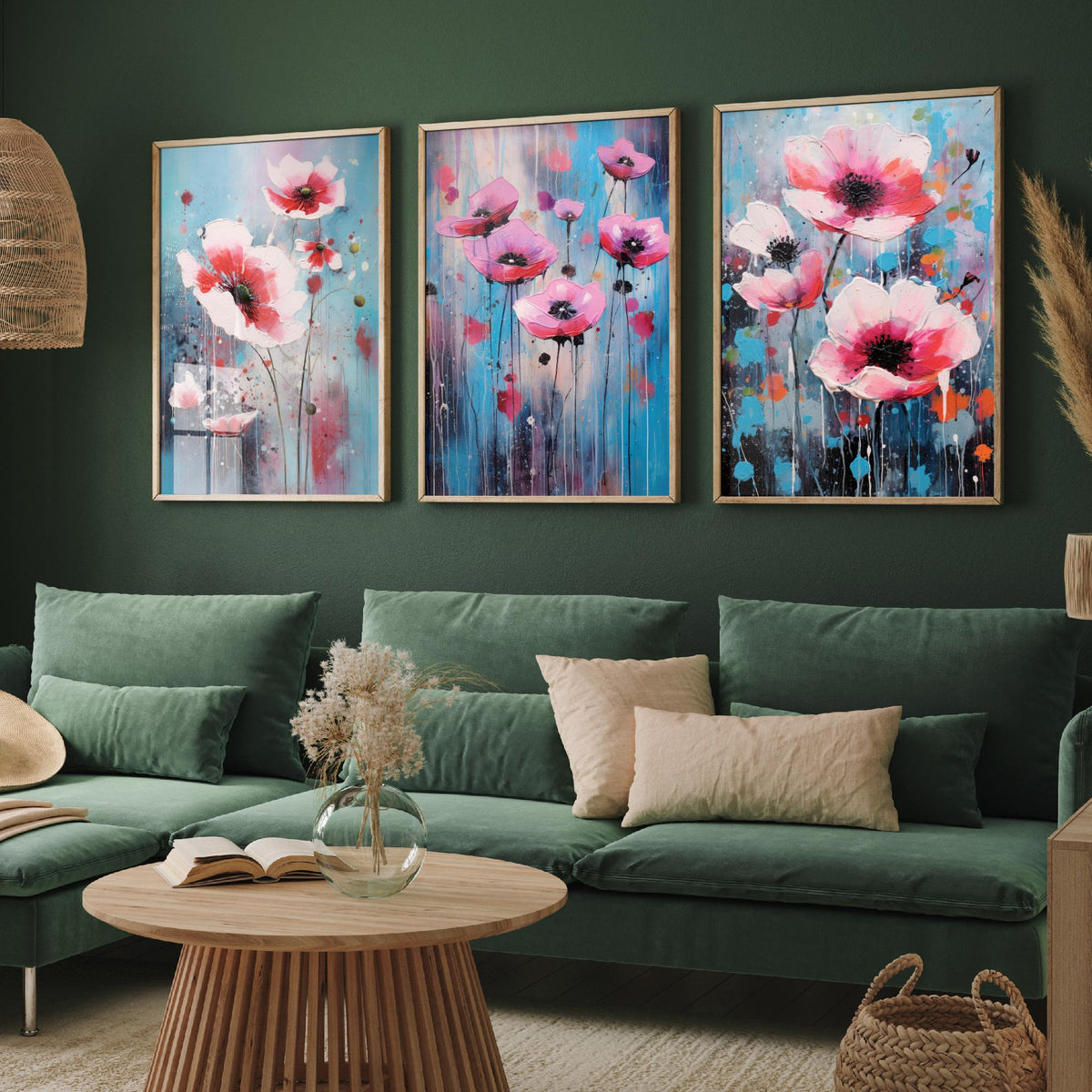 Anemones Set of Three Art Prints - Pink Flowers in Bold Colourful Brush Strokes - Abstract Floral Painting Poster