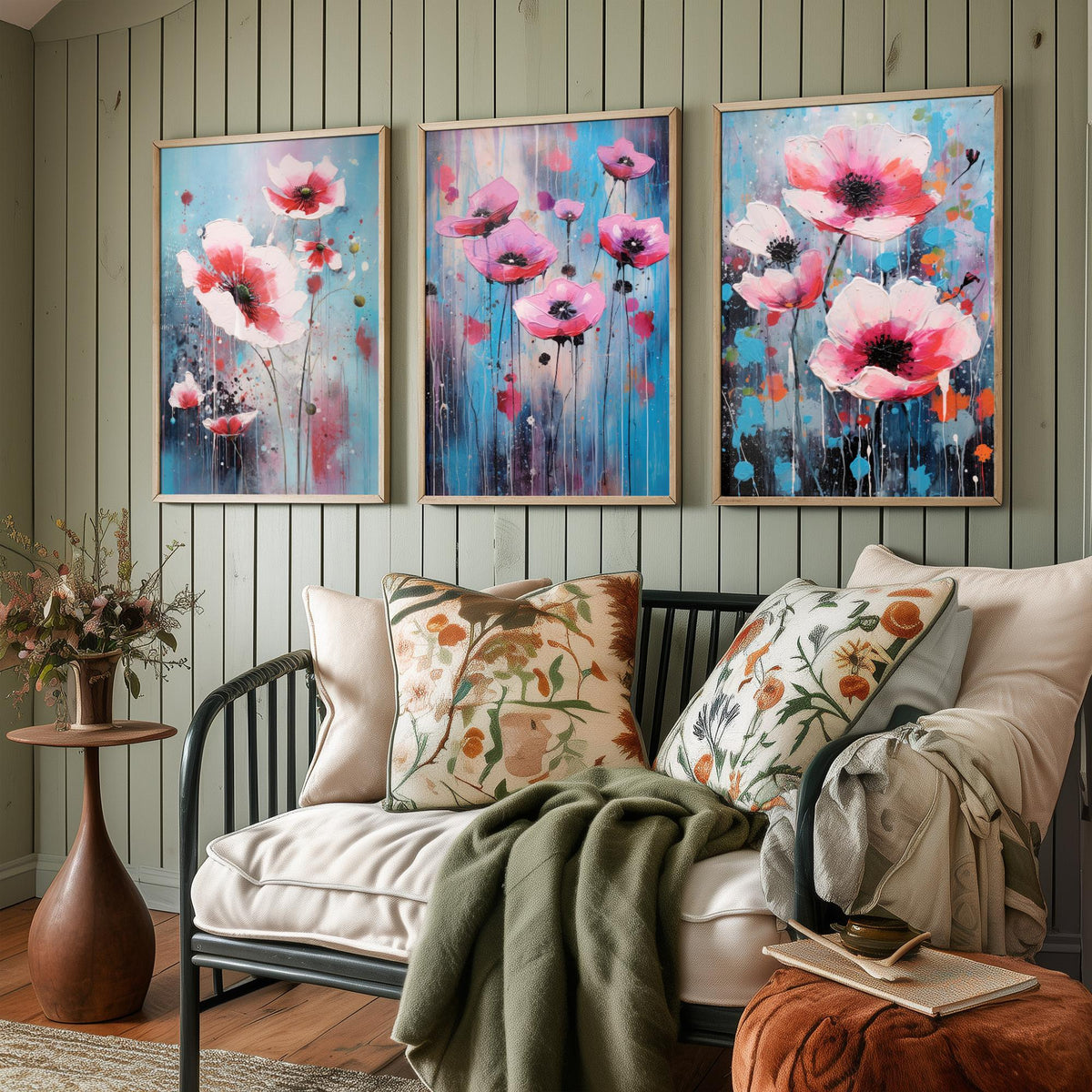 Anemones Set of Three Art Prints - Pink Flowers in Bold Colourful Brush Strokes - Abstract Floral Painting Poster