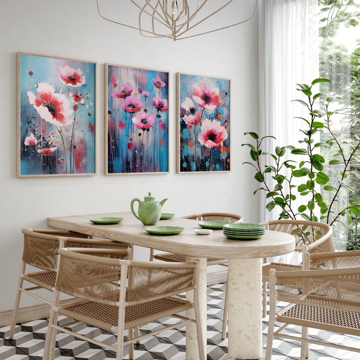 Anemones Set of Three Art Prints - Pink Flowers in Bold Colourful Brush Strokes - Abstract Floral Painting Poster