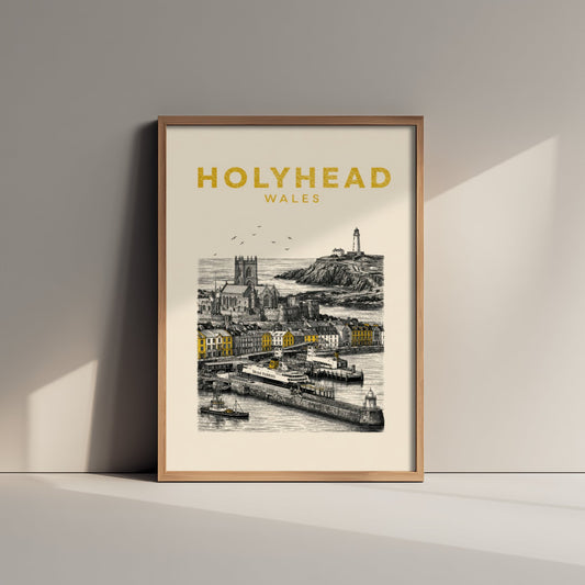 Holyhead Wales Travel Poster - Vintage Duotone Art Print - Engraved City Illustration - Ferry Port and Lighthouse 1/3