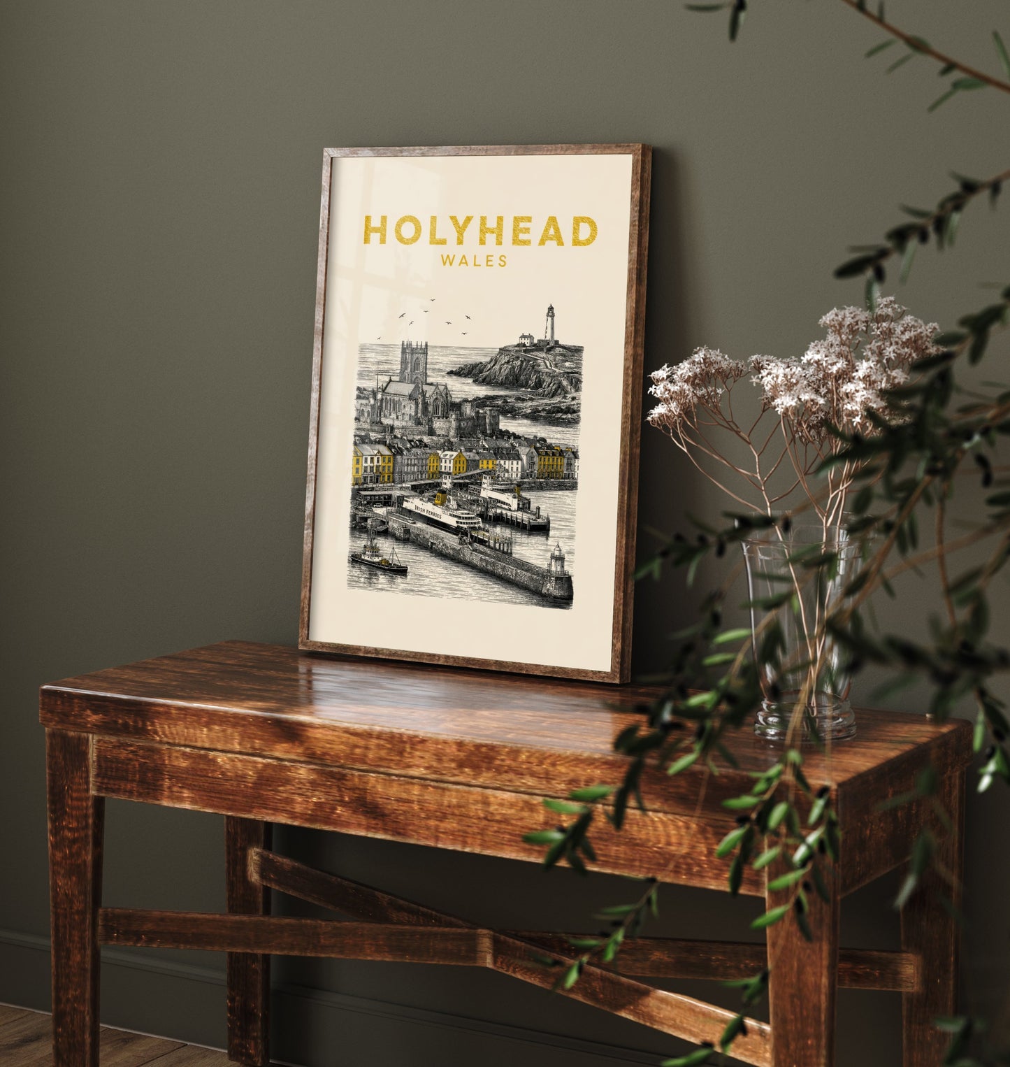 Holyhead Wales Travel Poster - Vintage Duotone Art Print - Engraved City Illustration - Ferry Port and Lighthouse 1/3