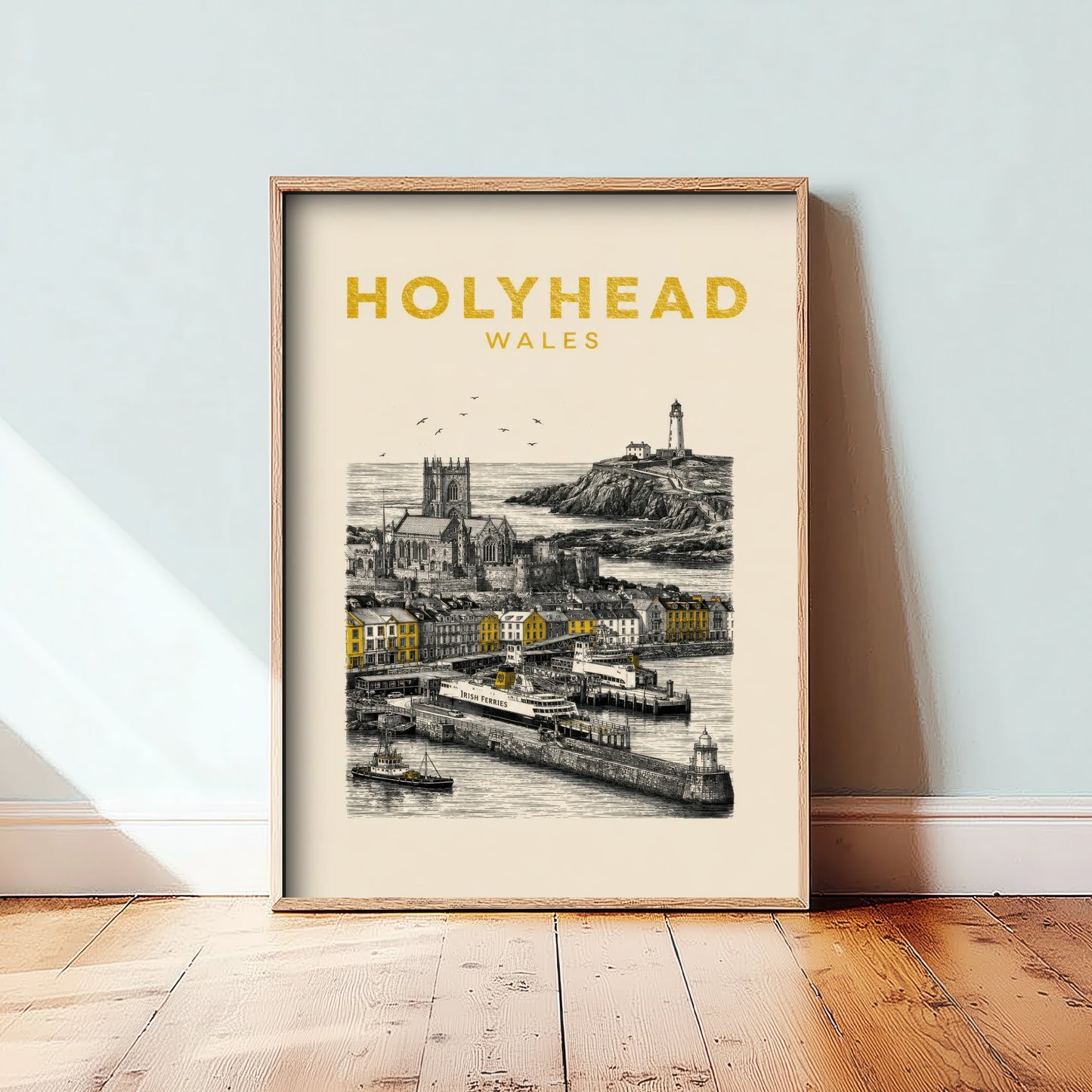 Holyhead Wales Travel Poster - Vintage Duotone Art Print - Engraved City Illustration - Ferry Port and Lighthouse 1/3