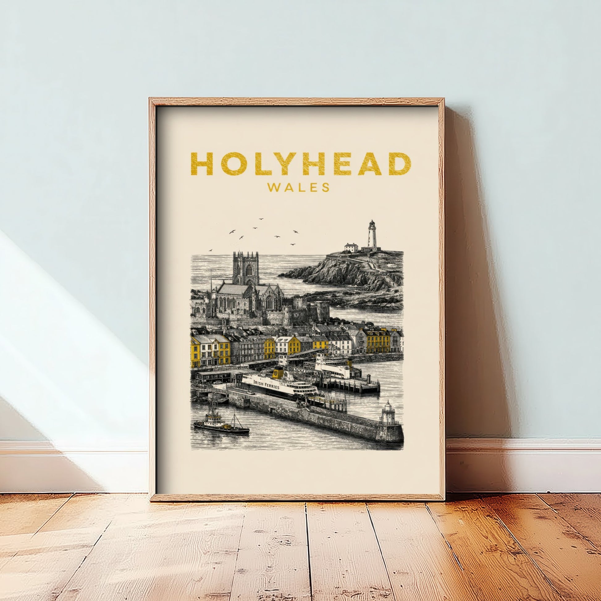 Holyhead Wales Travel Poster - Vintage Duotone Art Print - Engraved City Illustration - Ferry Port and Lighthouse 1/3