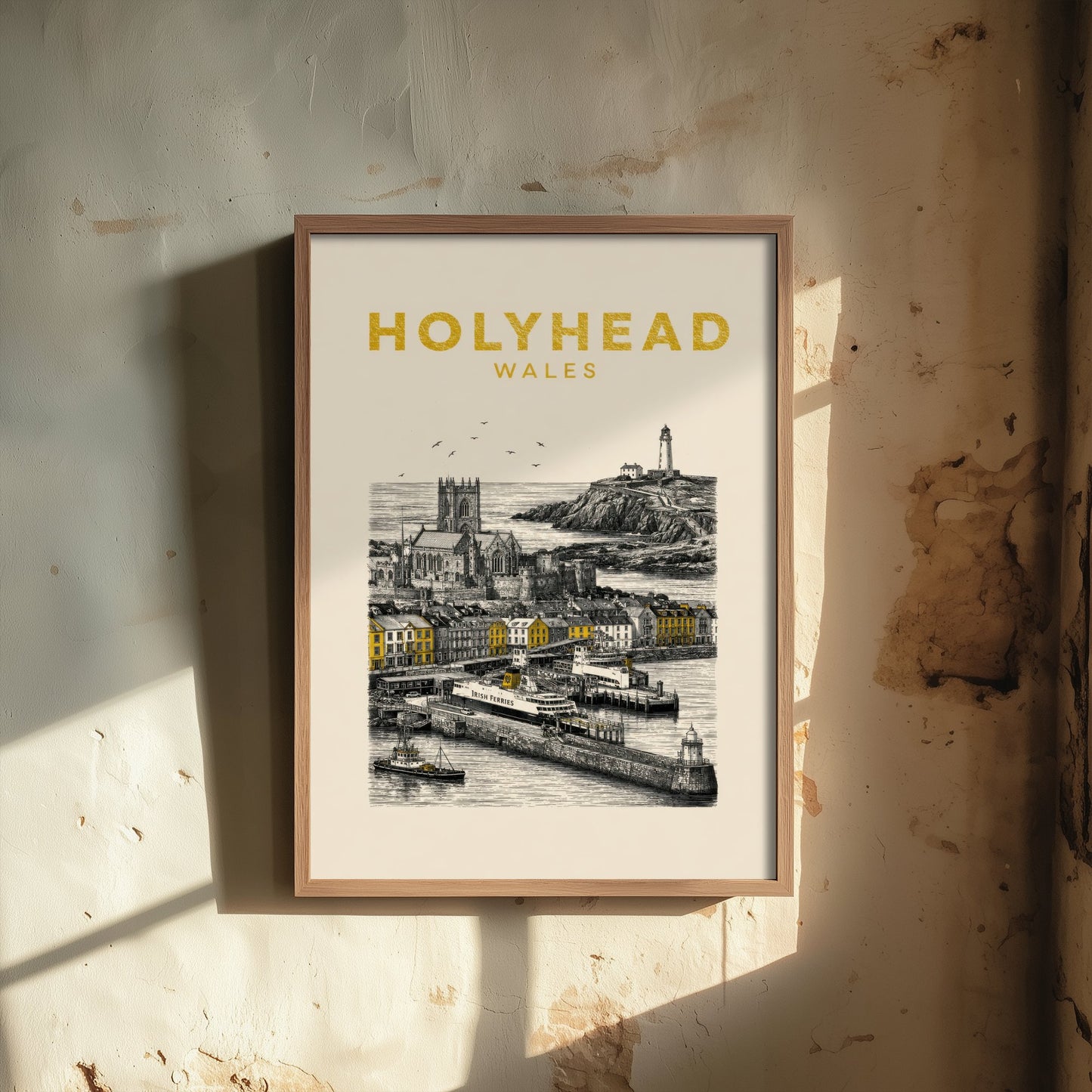 Holyhead Wales Travel Poster - Vintage Duotone Art Print - Engraved City Illustration - Ferry Port and Lighthouse 1/3
