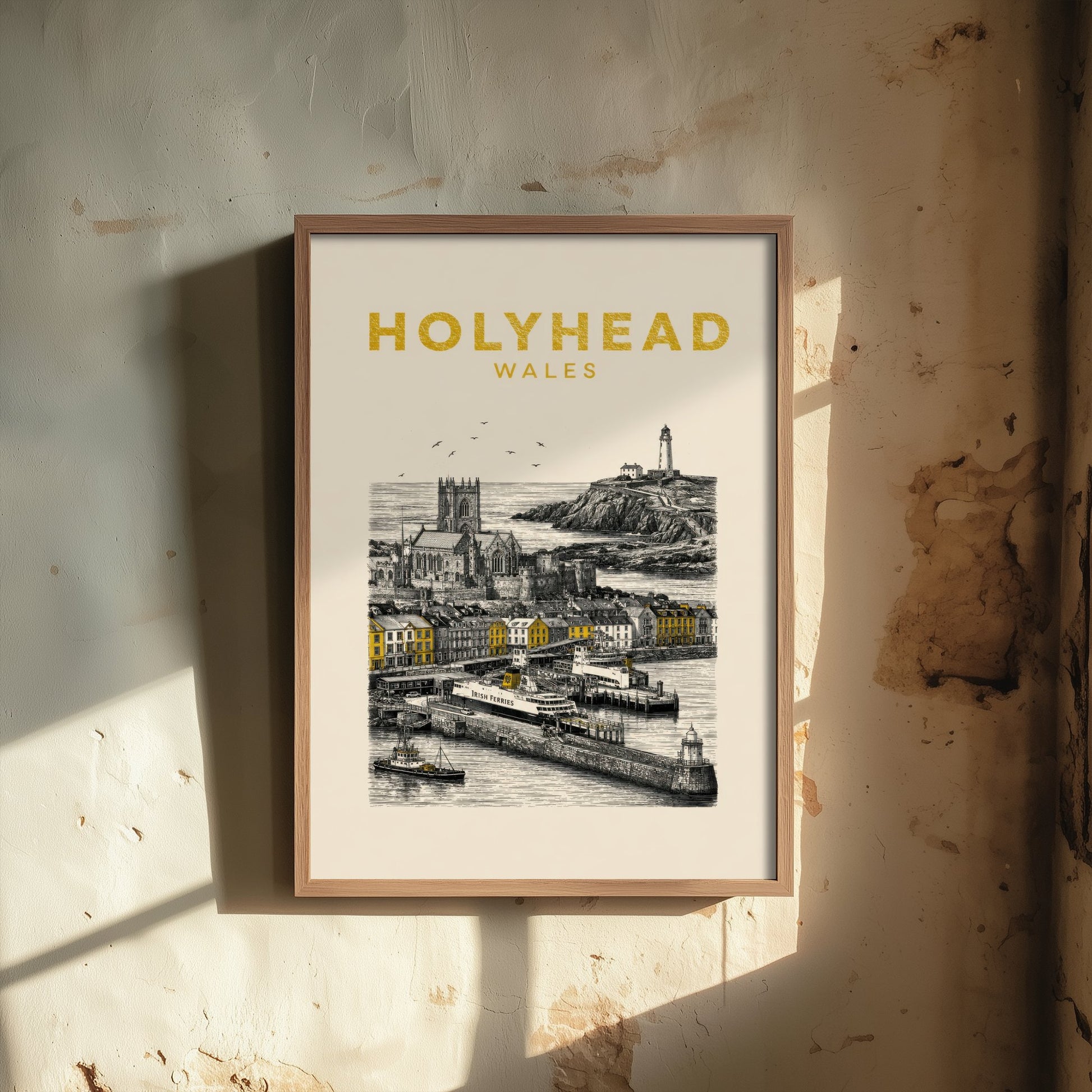 Holyhead Wales Travel Poster - Vintage Duotone Art Print - Engraved City Illustration - Ferry Port and Lighthouse 1/3