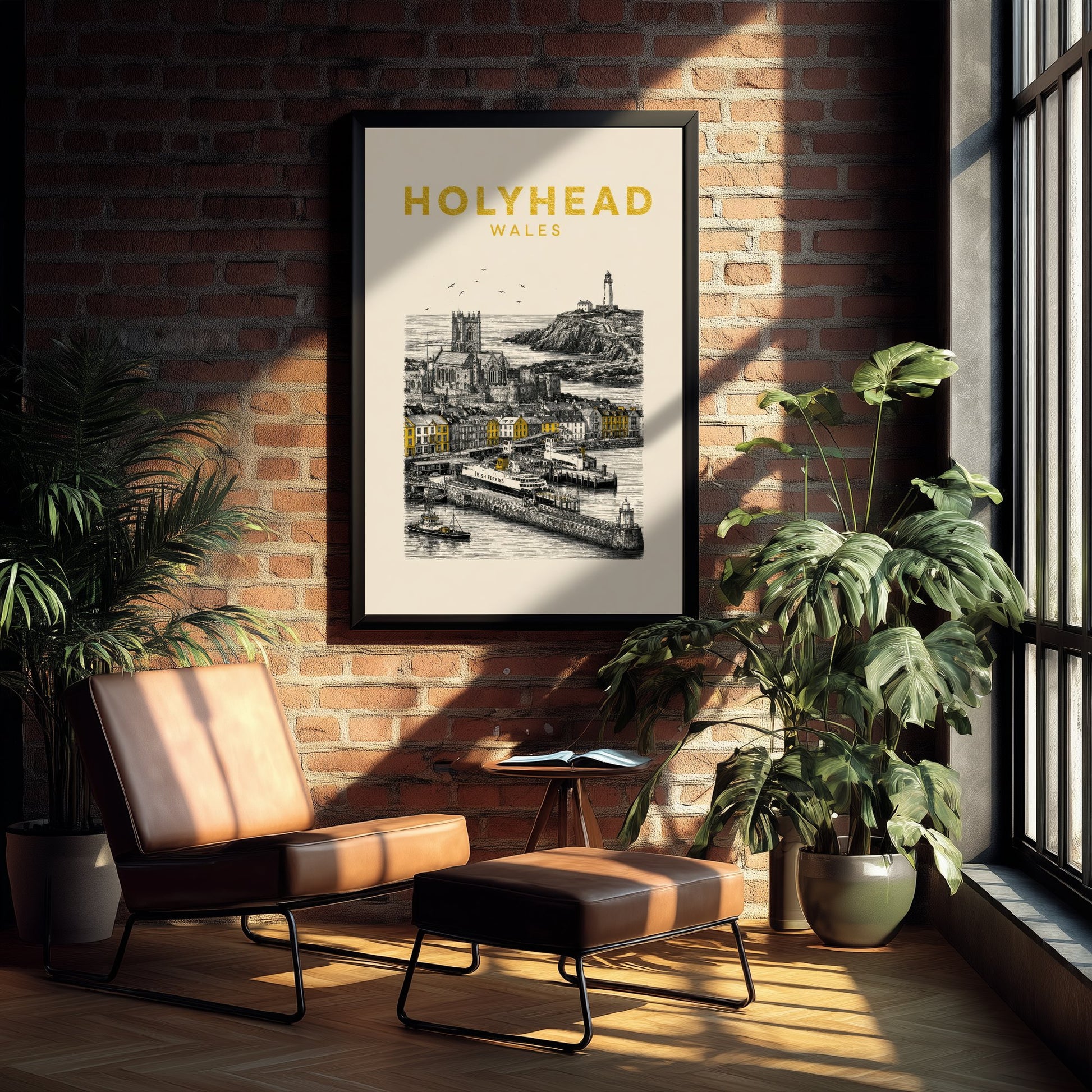 Holyhead Wales Travel Poster - Vintage Duotone Art Print - Engraved City Illustration - Ferry Port and Lighthouse 1/3