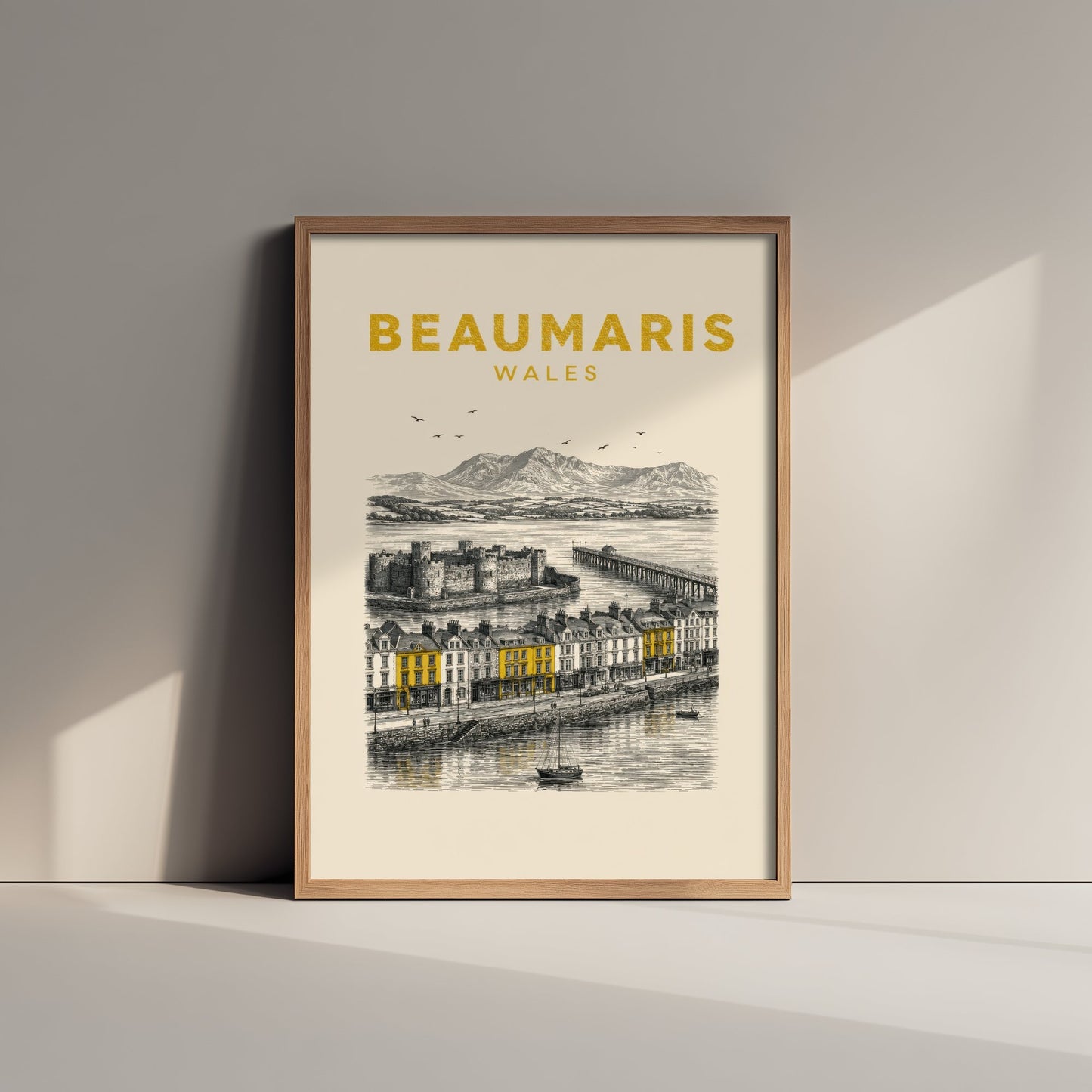 Beaumaris Wales Travel Poster - Vintage Duotone Art Print - Engraved City Illustration - Castle by the Strait 2/3