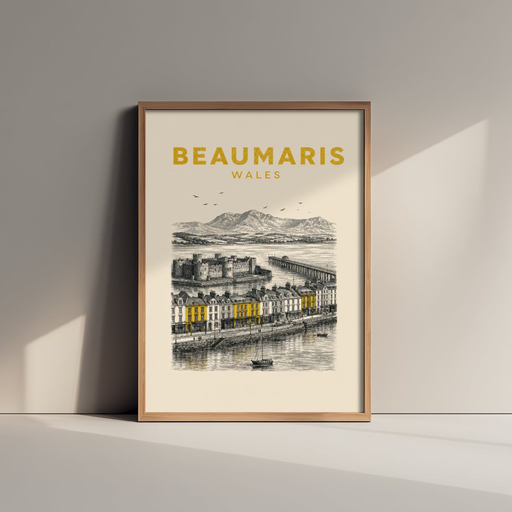 Beaumaris Wales Travel Poster - Vintage Duotone Art Print - Engraved City Illustration - Castle by the Strait 2/3